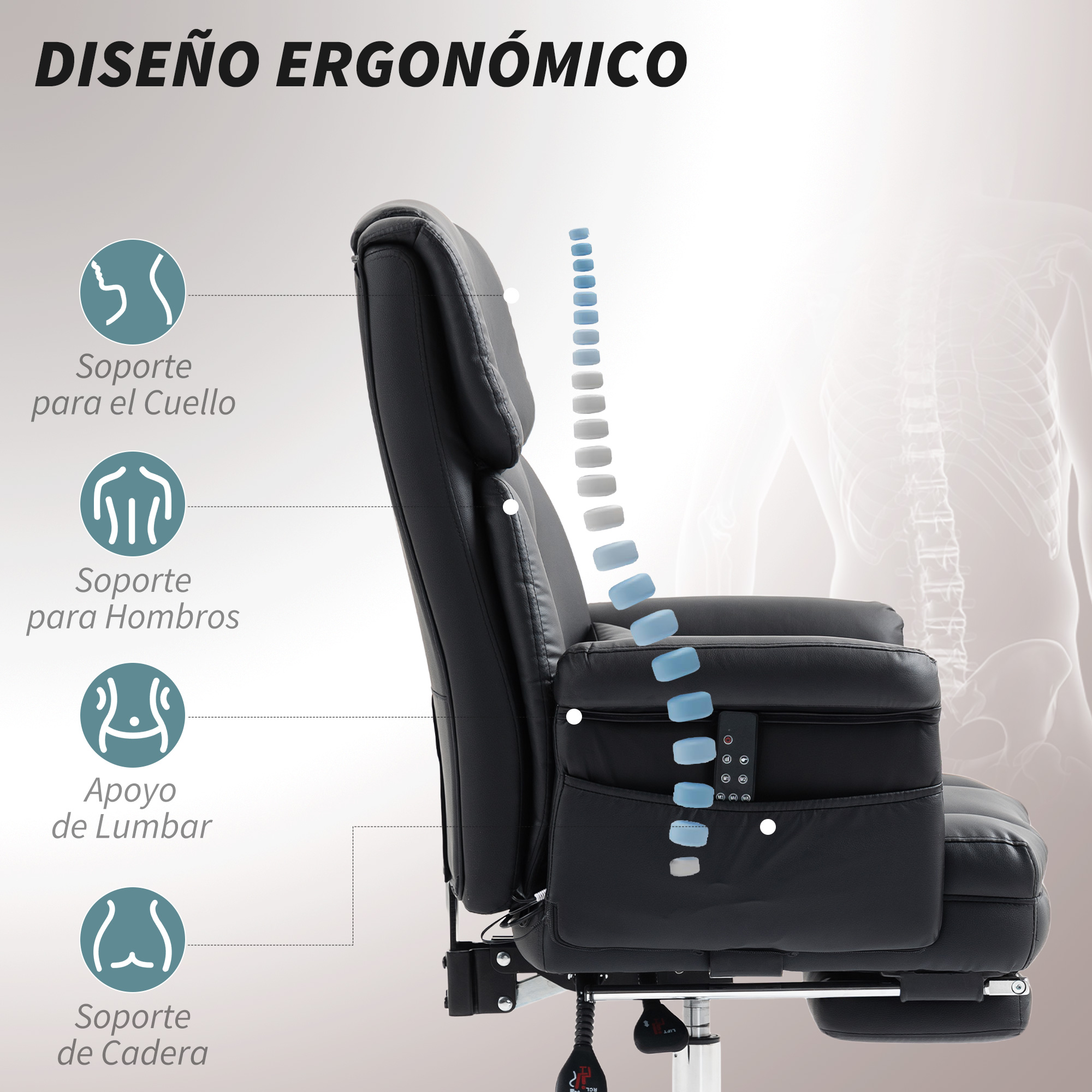 Silla de oficina negra con respaldo ergonómico y soporte para cuello, hombros, lumbares y cadera.
