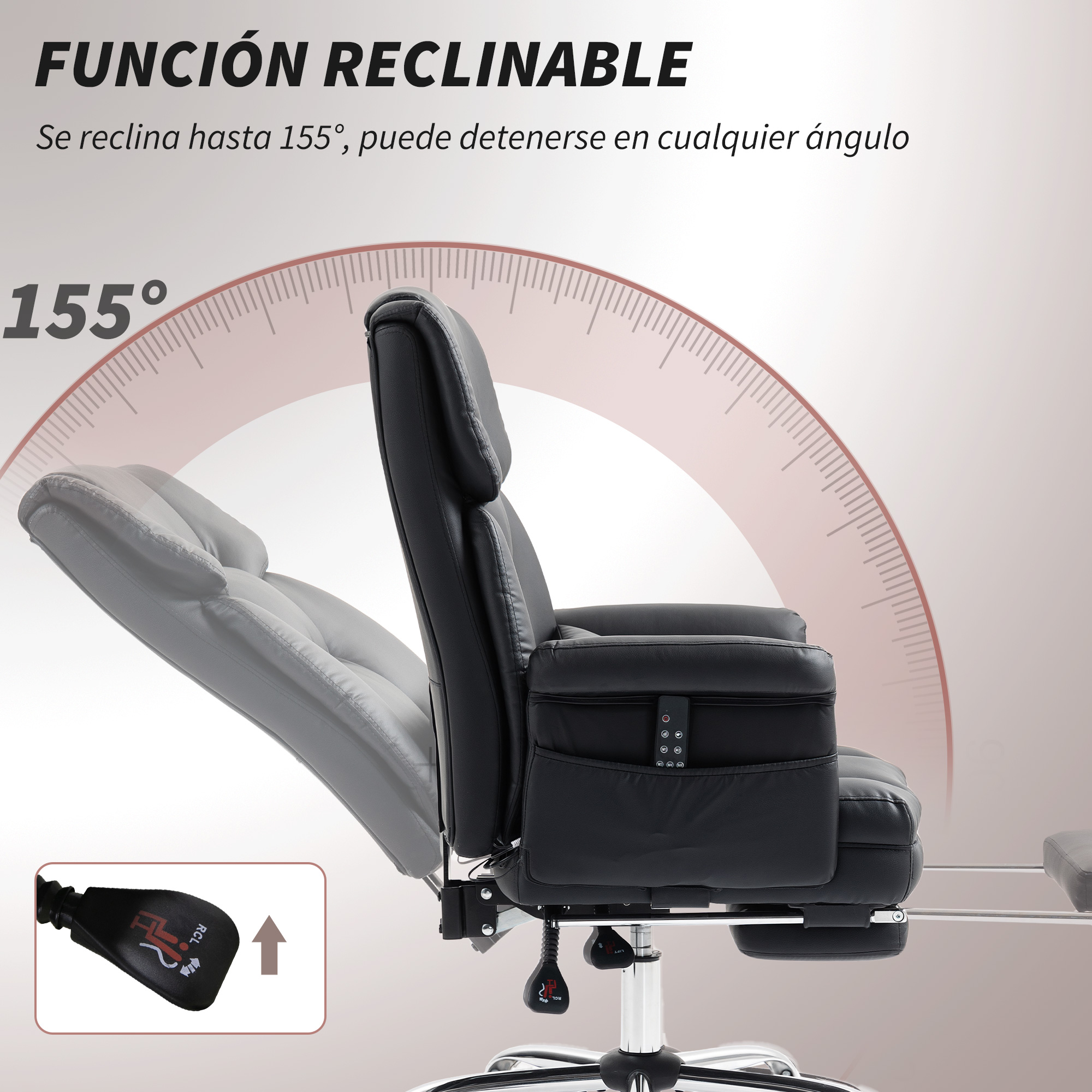 Silla de oficina negra se reclina hasta 155 grados, ángulo ajustable.
