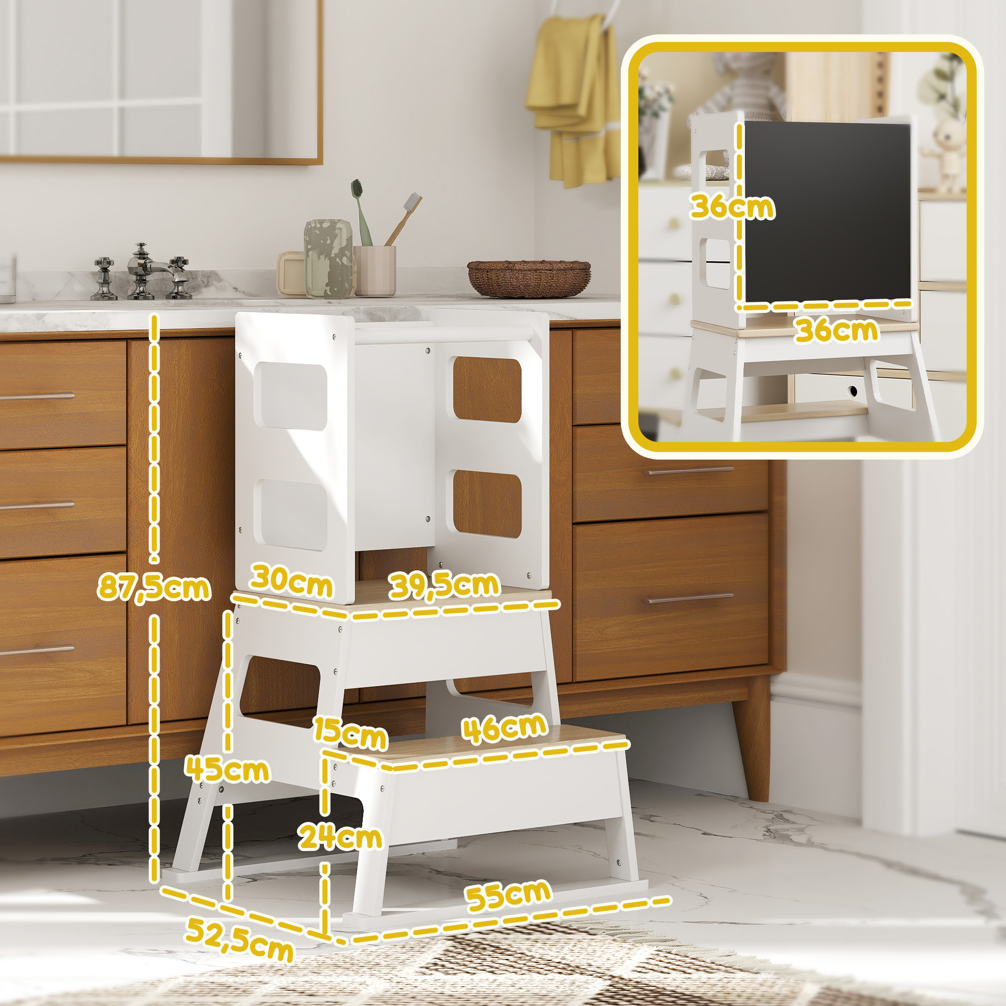 Una torre de aprendizaje blanca con dimensiones en un baño frente a un mueble de madera.