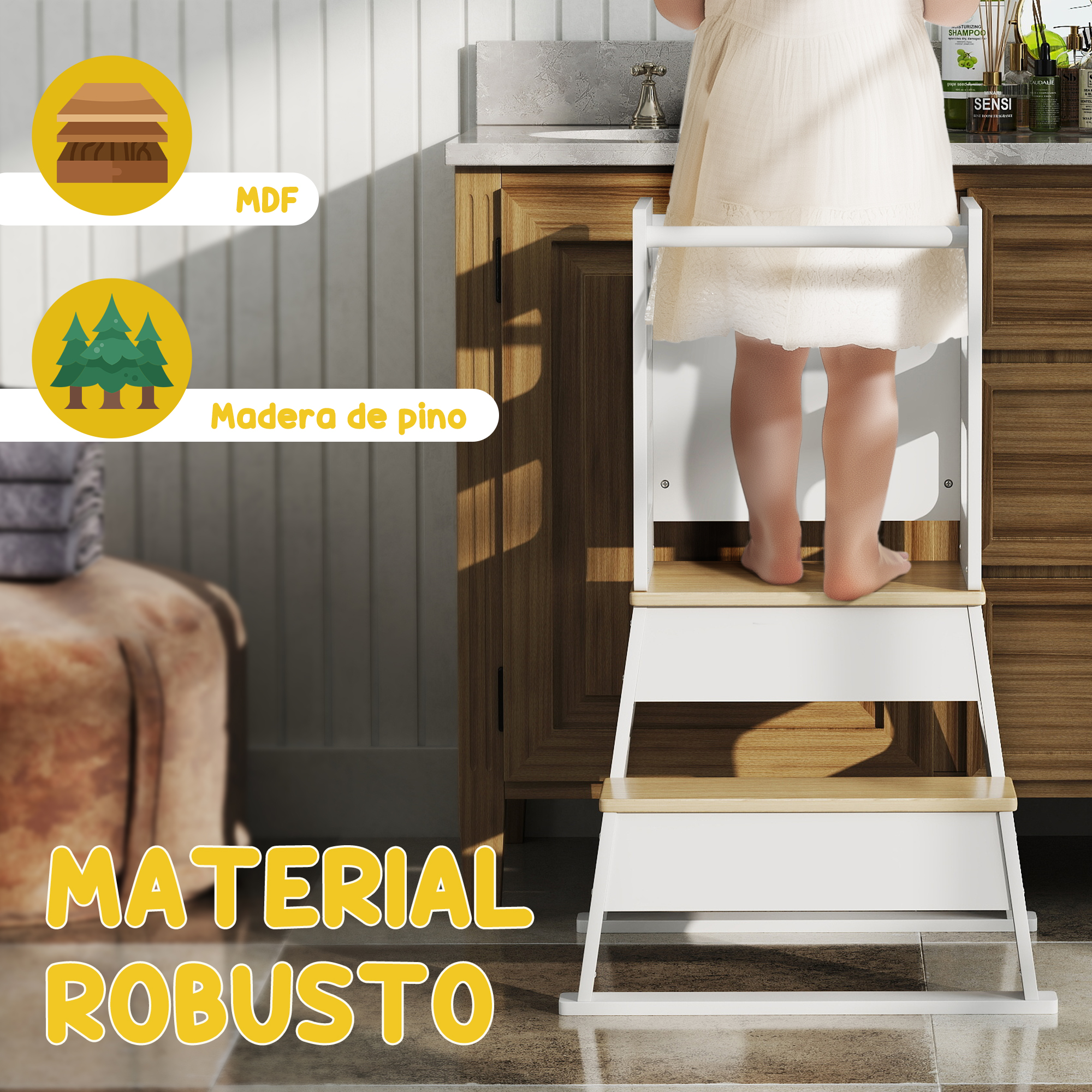 Un niño está en un taburete blanco frente a un armario de madera. MDF y madera de pino.