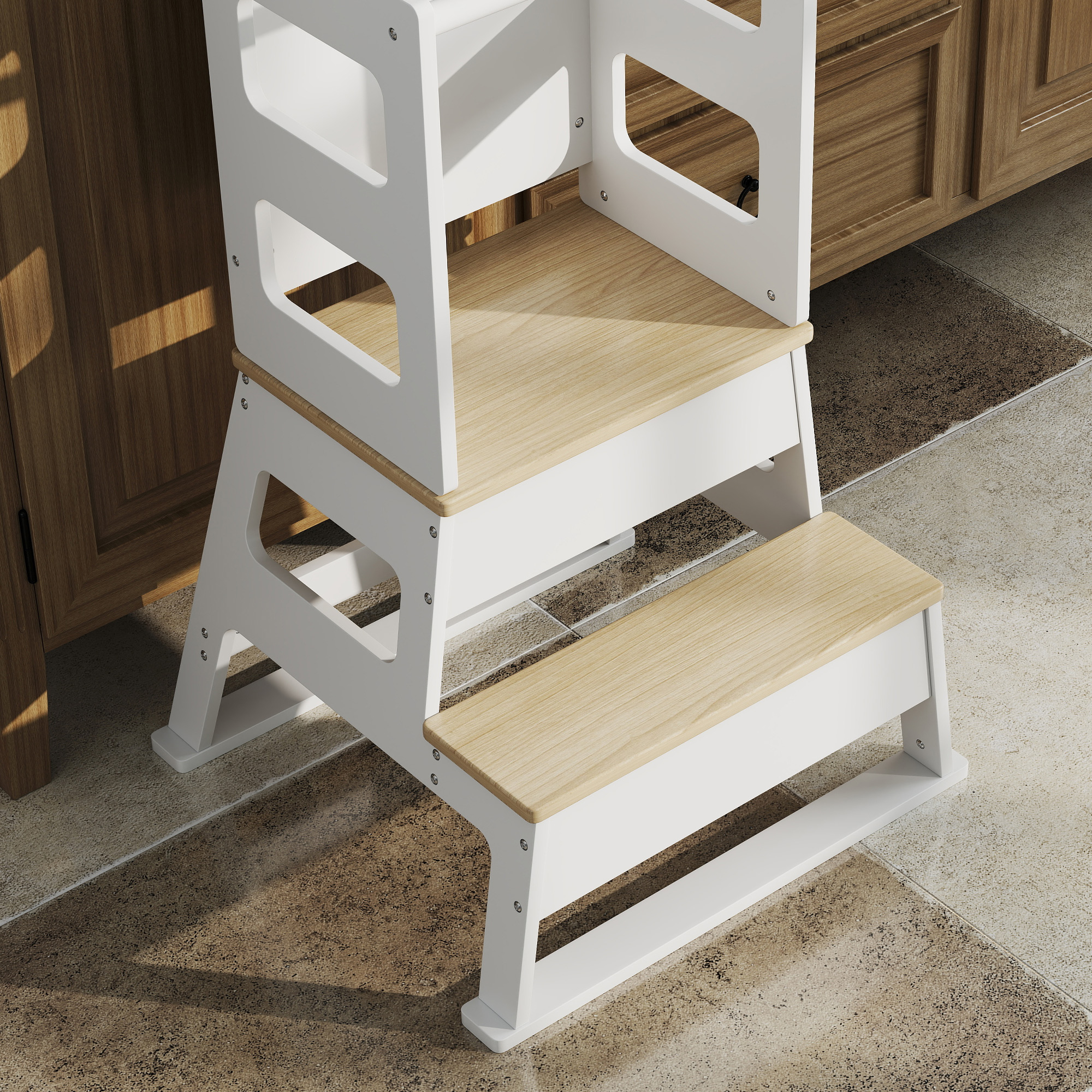 Un taburete blanco con escalones y detalles de madera sobre suelo de baldosas.
