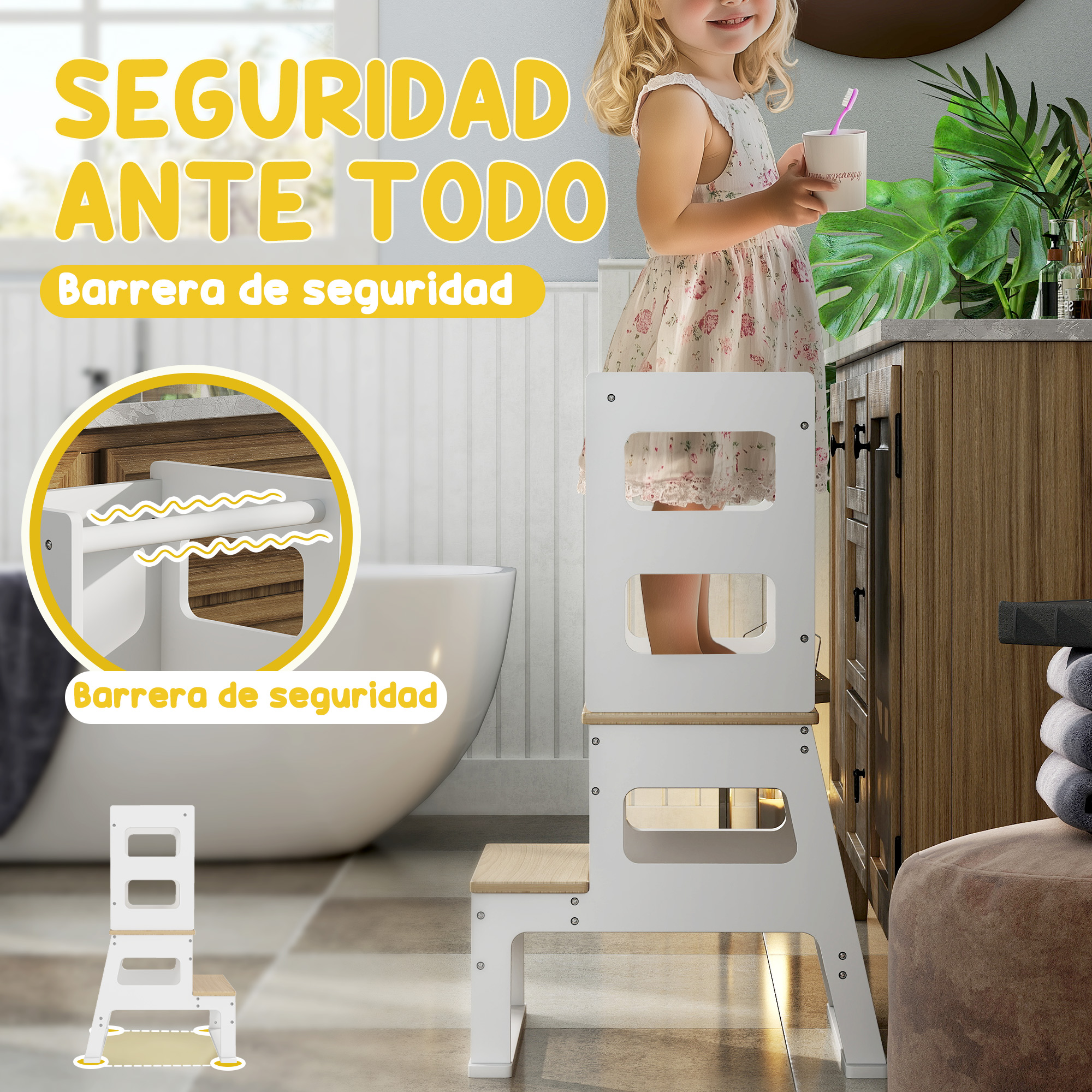Una niña pequeña está en un taburete al lado de una bañera, sosteniendo una taza.