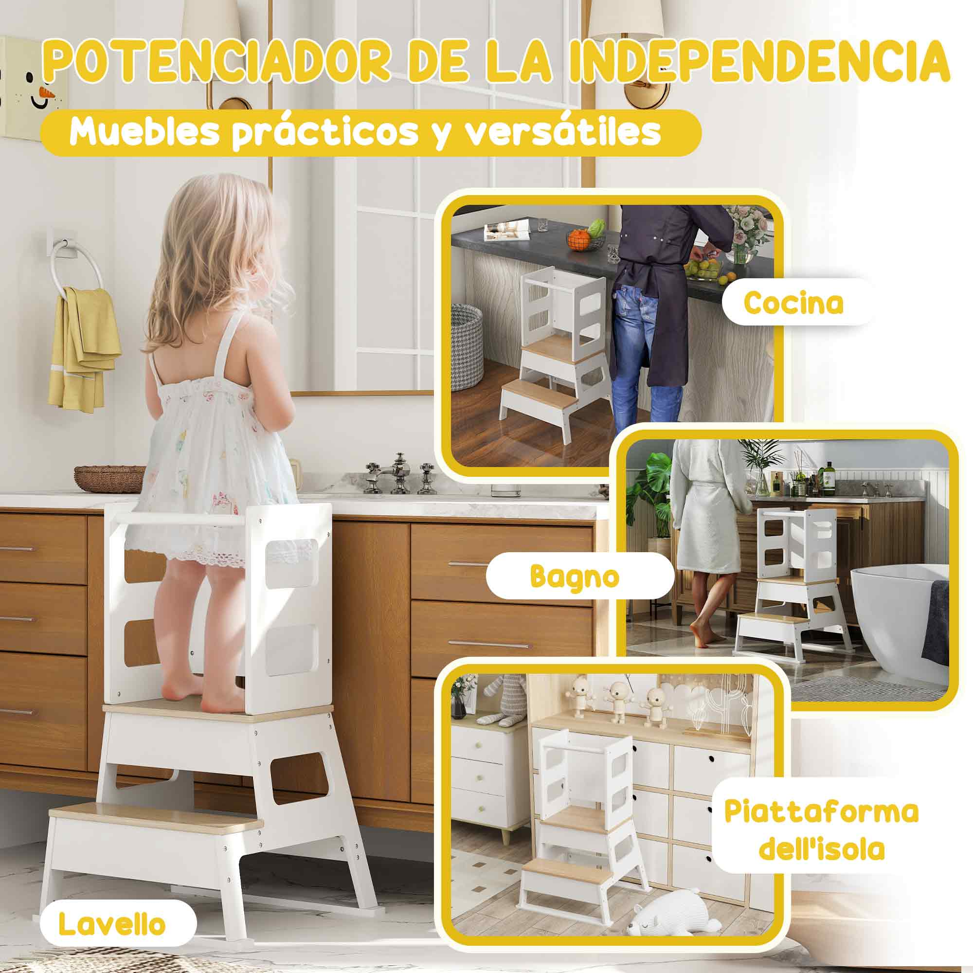 Un niño en un taburete en una cocina. Collage de tres escenas.