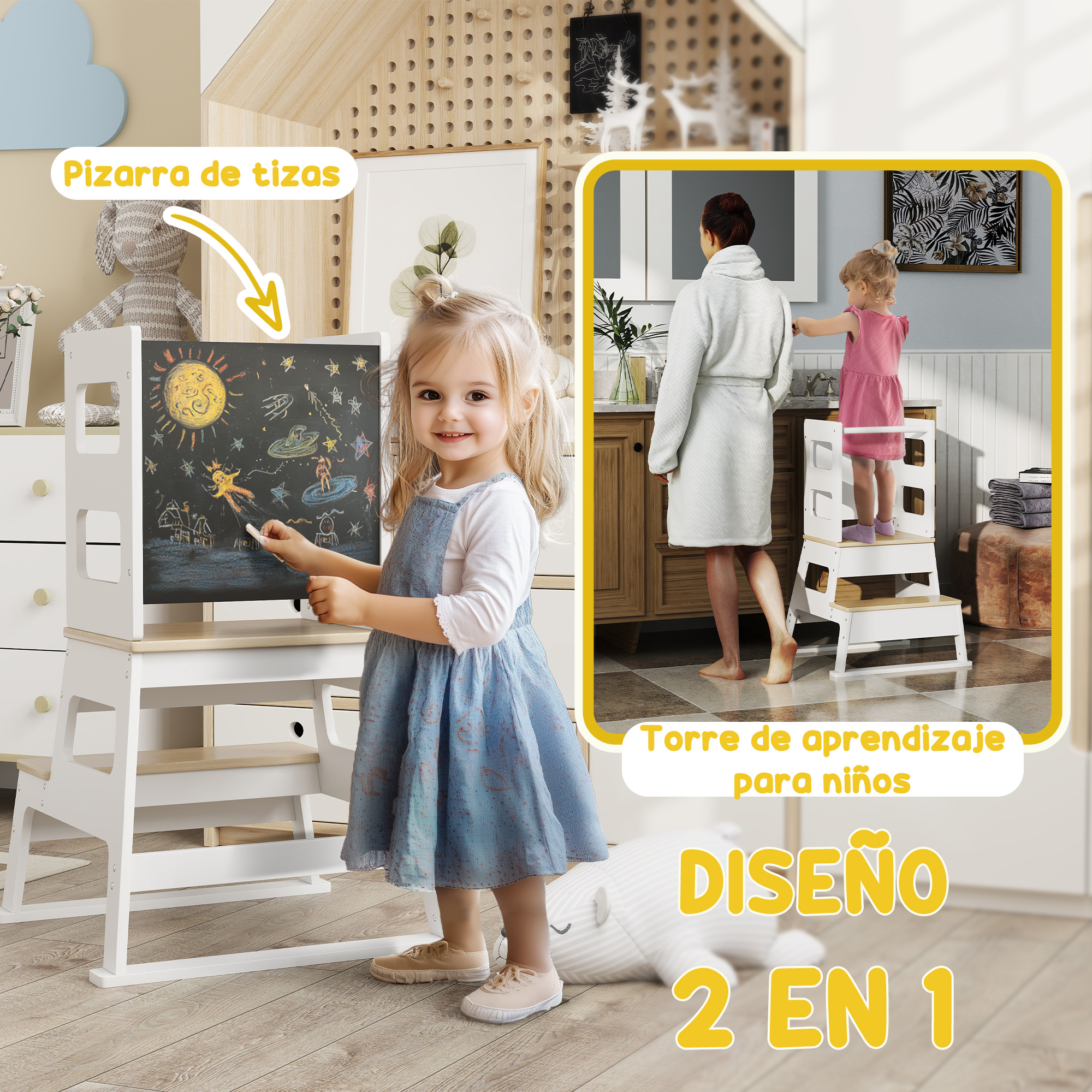 Una niña dibuja en una pizarra, con una mujer y un niño al fondo.