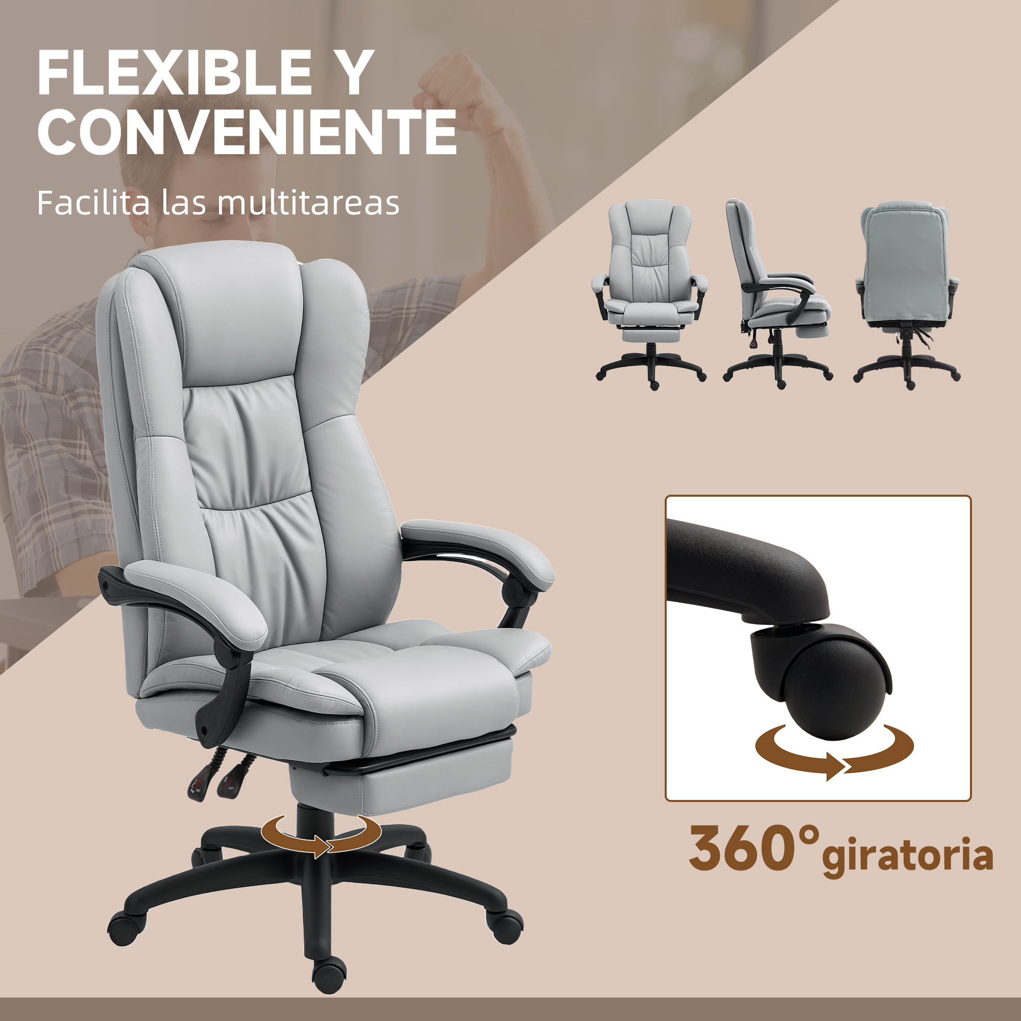 Silla de oficina gris con reposapiés, respaldo ajustable y ruedas 360°.