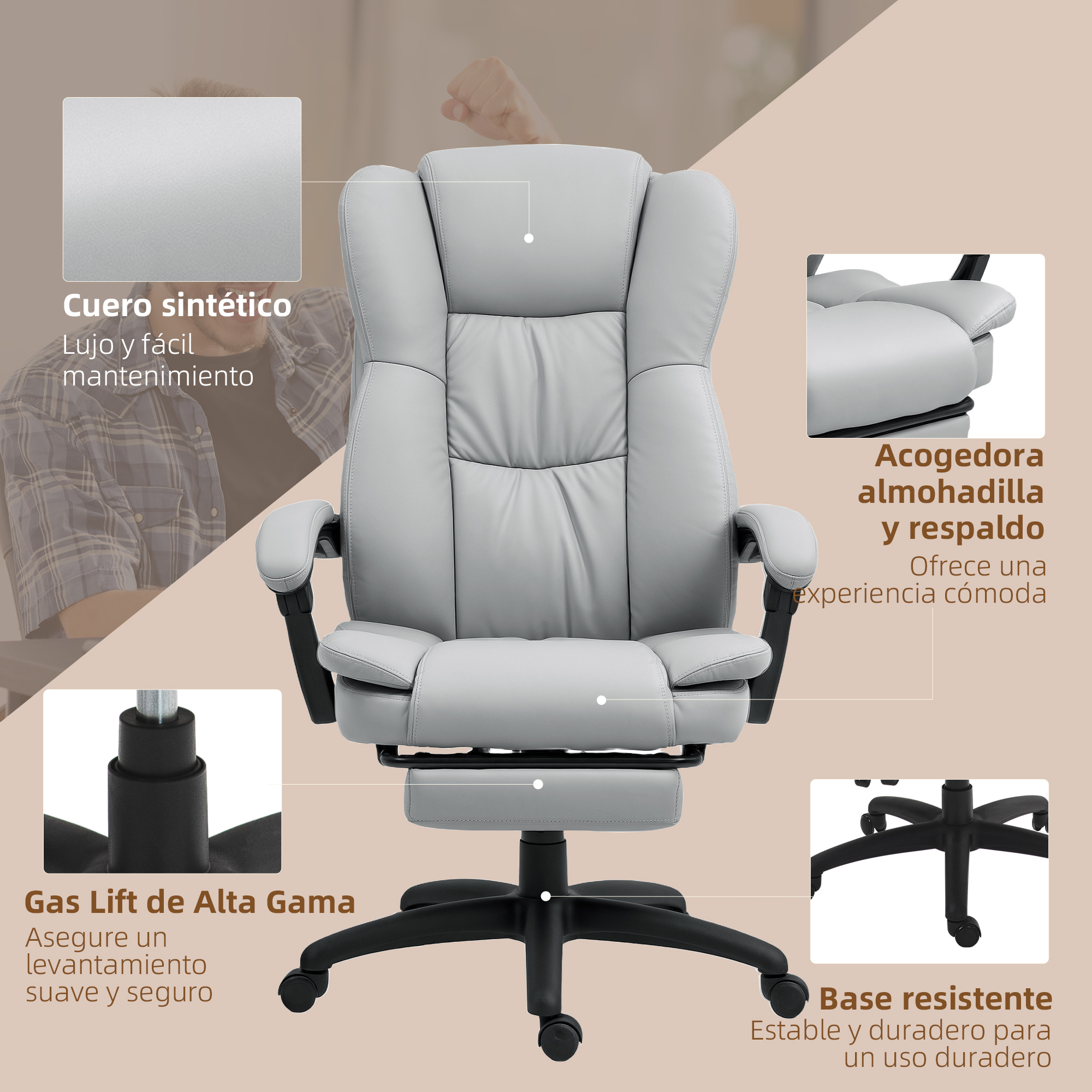 Silla de oficina gris con reposapiés retráctil, reposabrazos y ruedas.