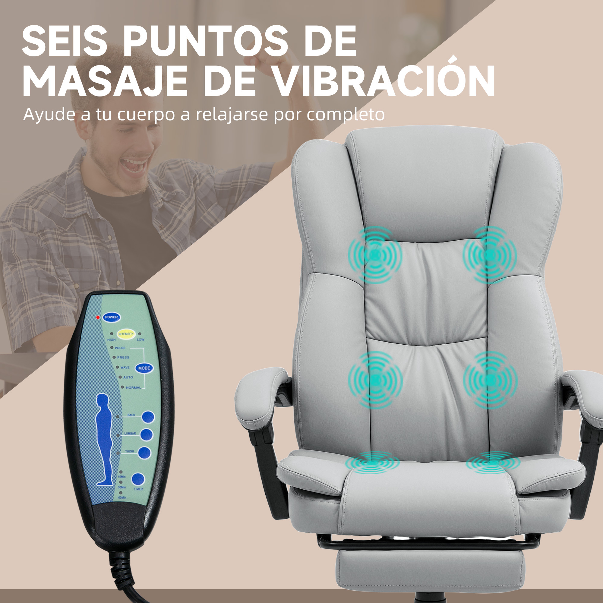 Sillón de masaje gris con mando que muestra intensidad y modos.