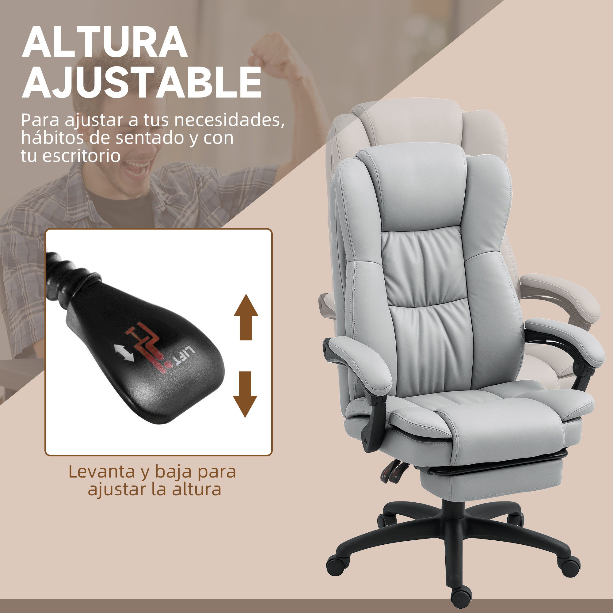 Silla de oficina gris con altura ajustable y reposapiés. Muestra palanca para ajuste.