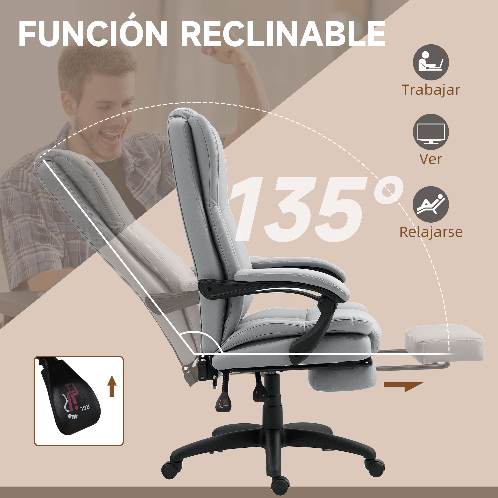 Silla de oficina gris con función reclinable hasta 135 grados y reposapiés.
