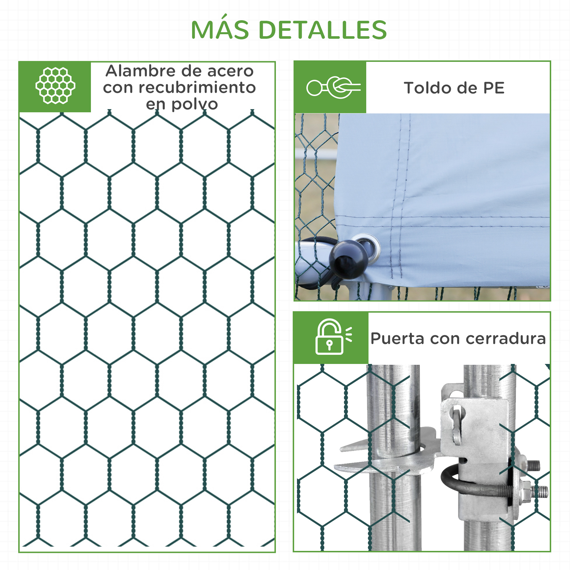 Detalles: Malla de alambre, lona de PE, puerta con cerradura.