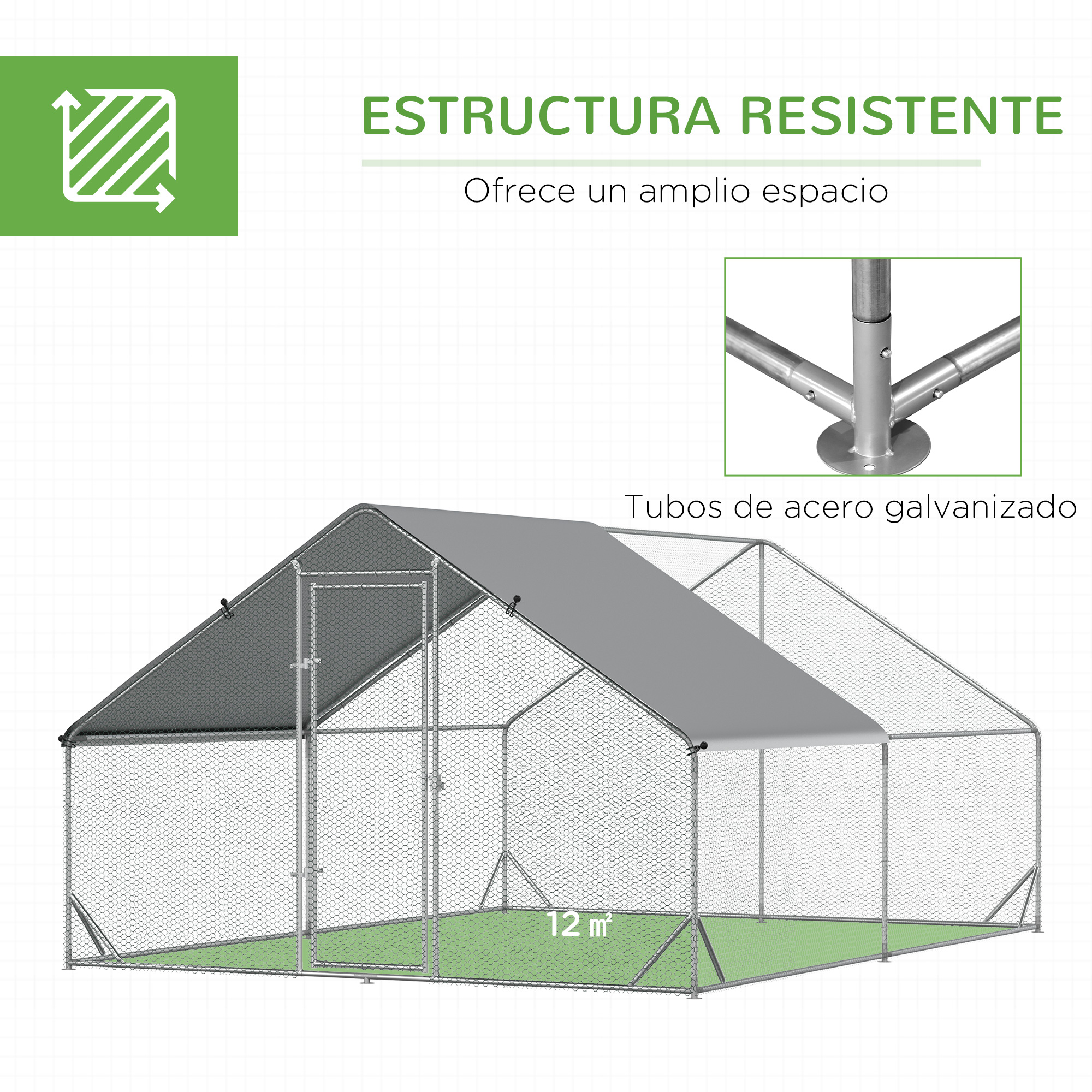 Un gran gallinero rectangular con techo gris y malla de alambre. Tiene una puerta.