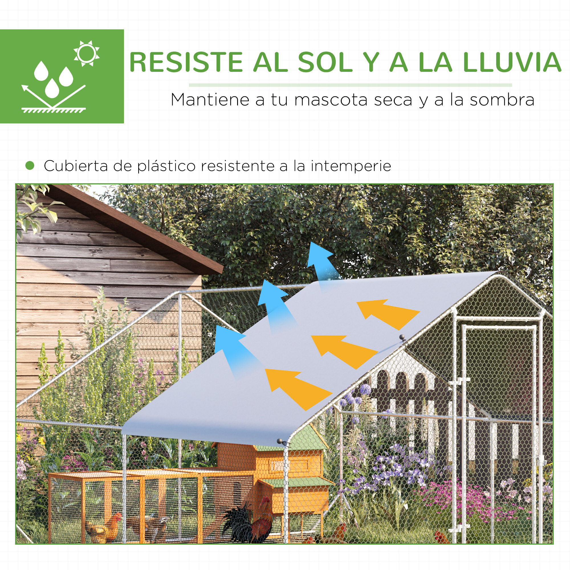 Un gallinero con dosel que protege del sol y la lluvia. Hay gallinas en el recinto.