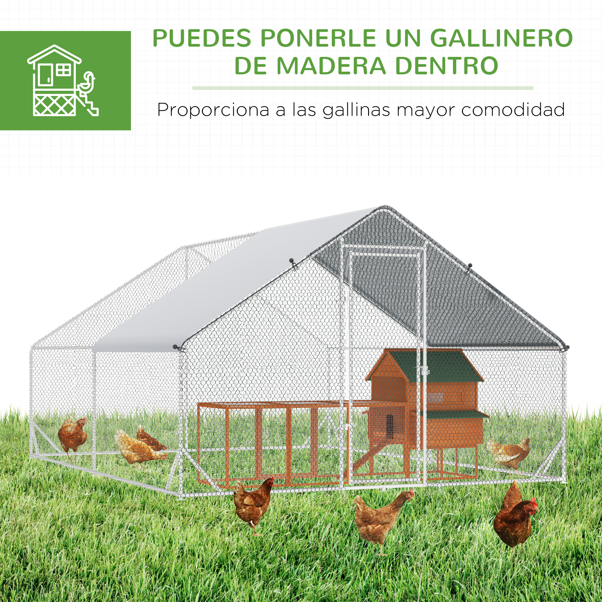 Un gran gallinero con caseta de madera y varias gallinas alrededor.