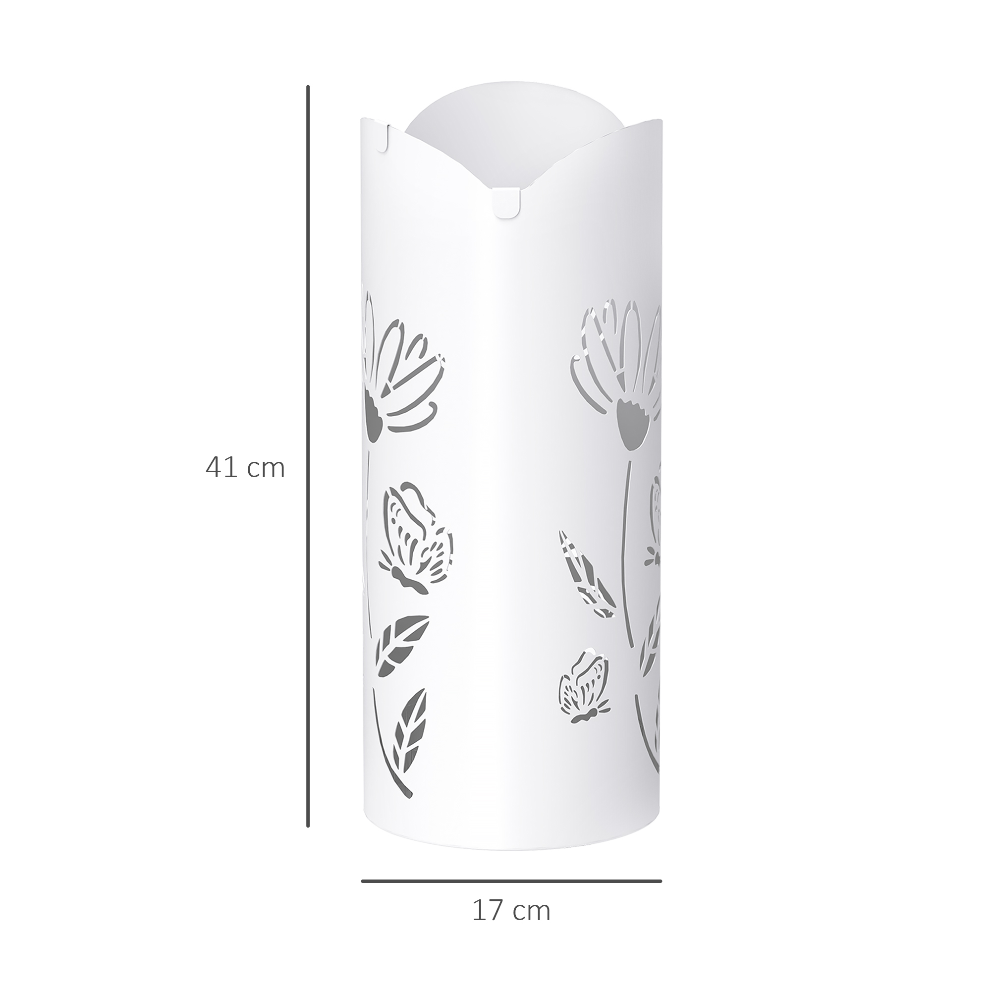 Linterna blanca con calados de flores y mariposas. Alto: 41 cm, Ancho: 17 cm.