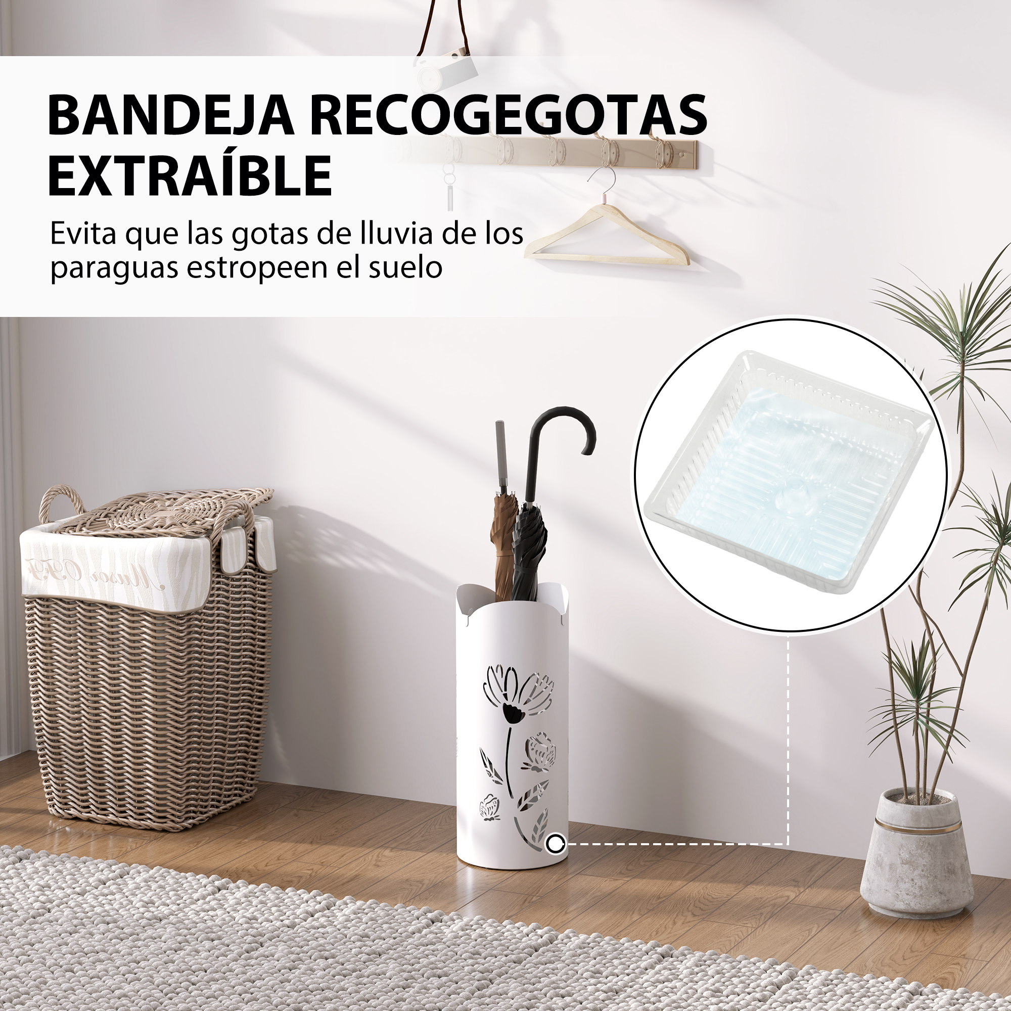 Un paraguas blanco con estampado floral, una cesta de mimbre y una planta.