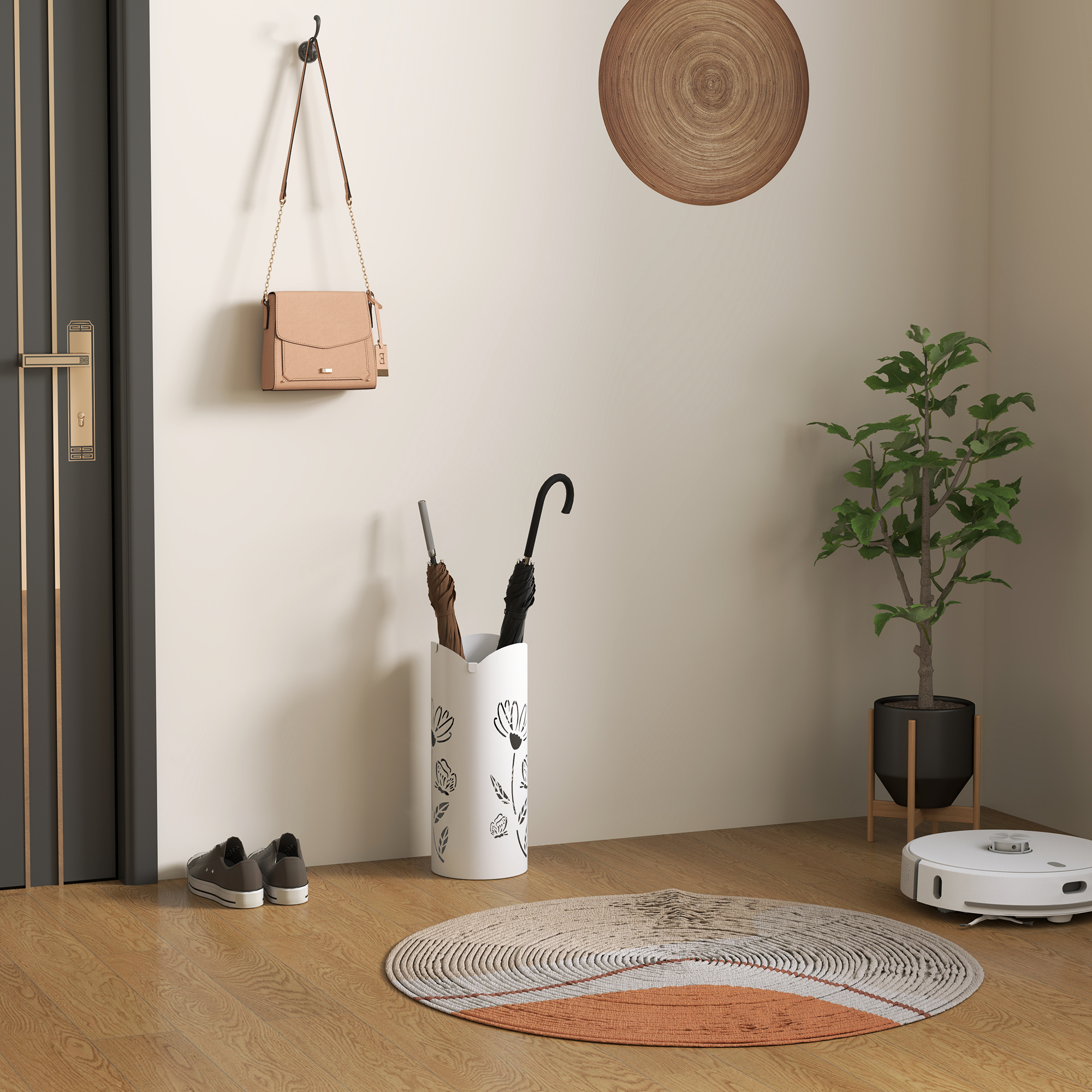Un pasillo con zapatos, bolso, paragüero, planta y robot aspirador.