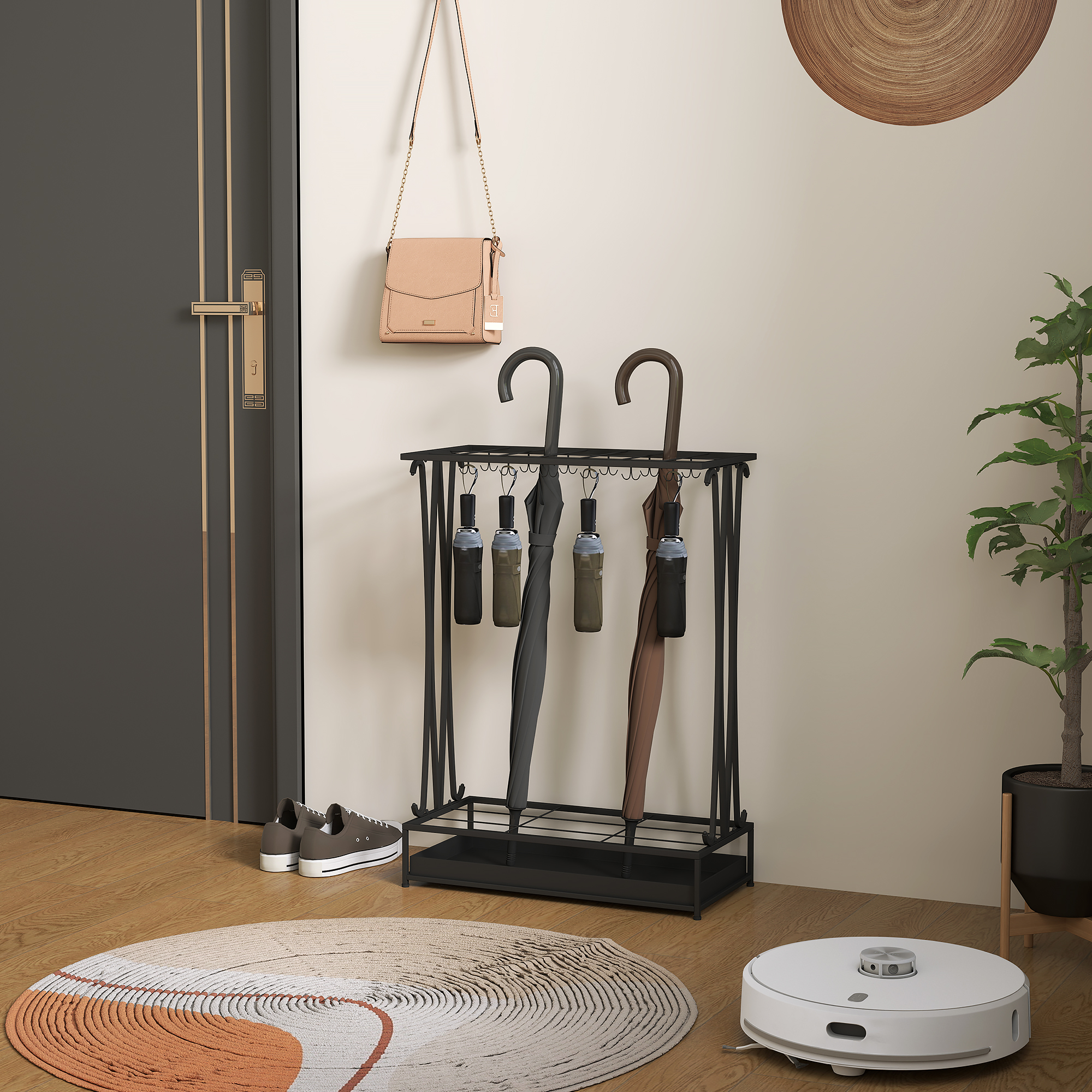 Un pasillo con puerta, perchero, paragüero, zapatos, alfombra y robot aspirador.