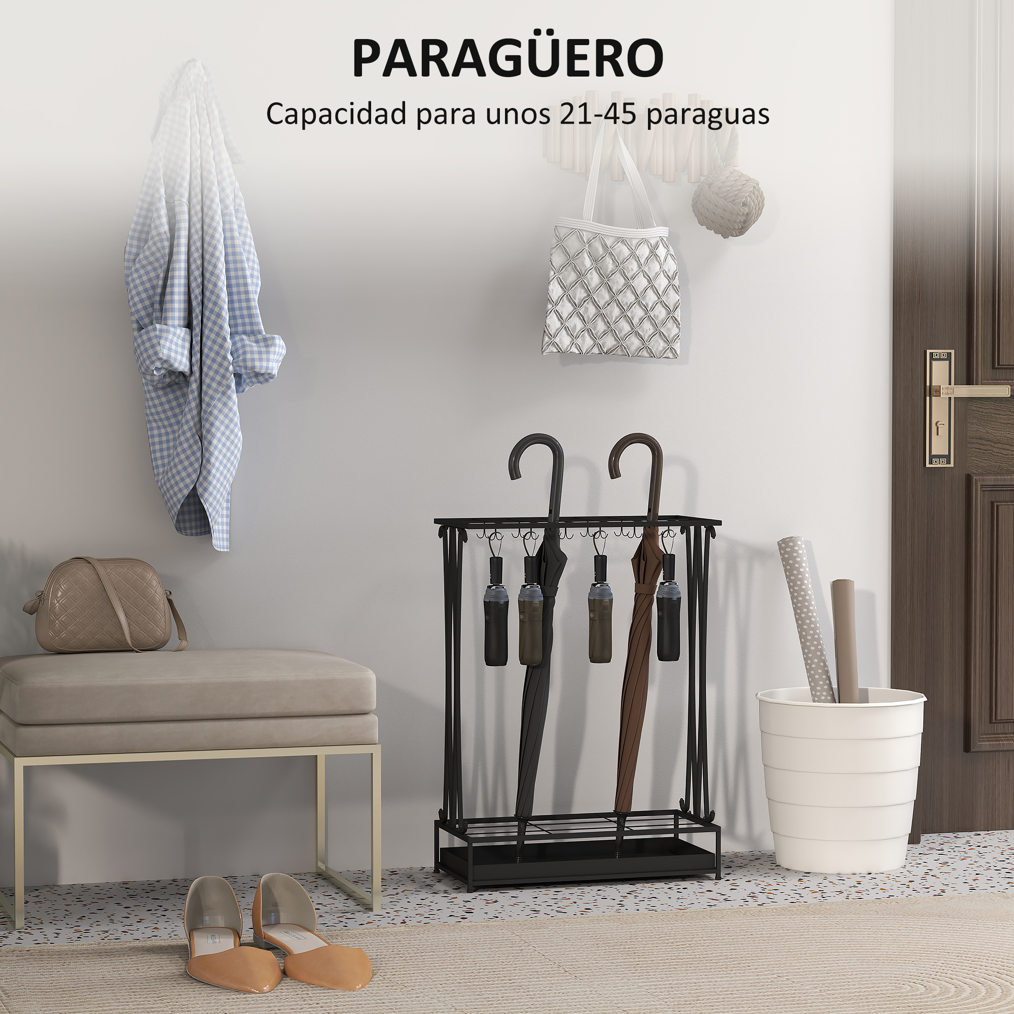 Un pasillo con un paraguero negro, ropa, bolsos y zapatos.