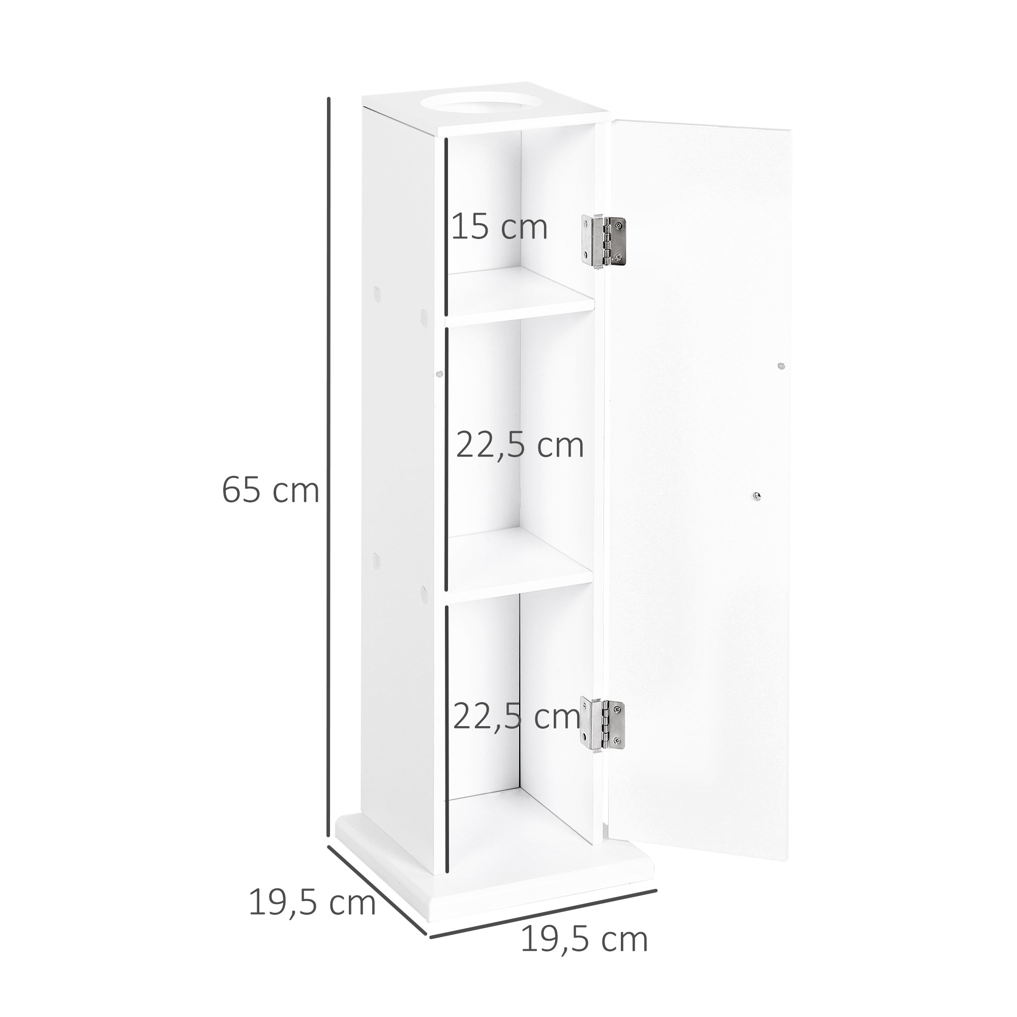 Un mueble estrecho blanco con puertas abiertas y estantes. Se muestran las dimensiones.