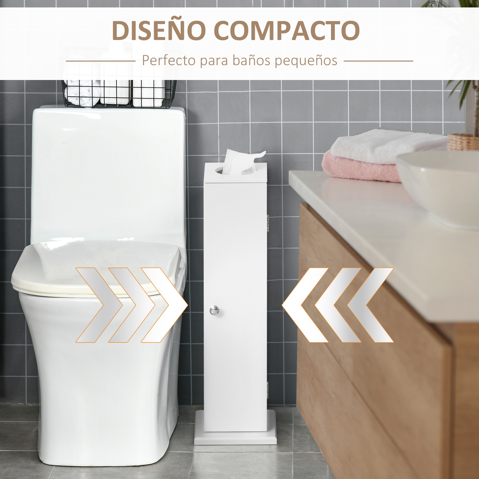 Un inodoro blanco con una delgada unidad de almacenamiento blanca al lado.