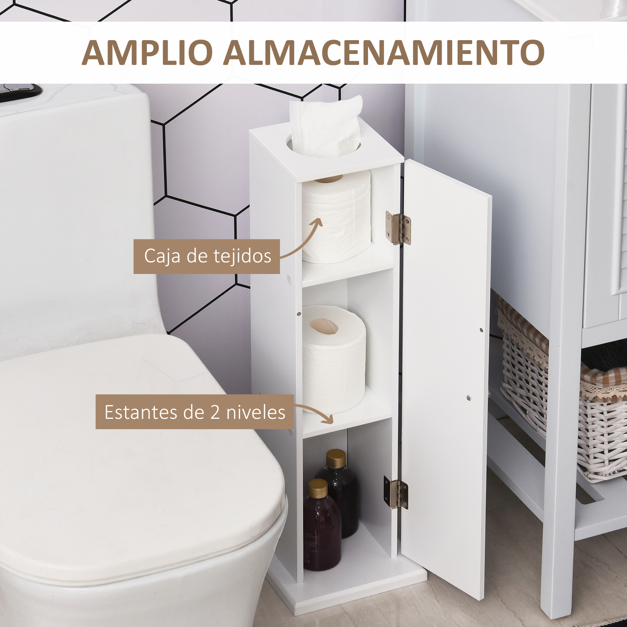 Un mueble blanco para guardar papel higiénico y pañuelos junto a un inodoro.