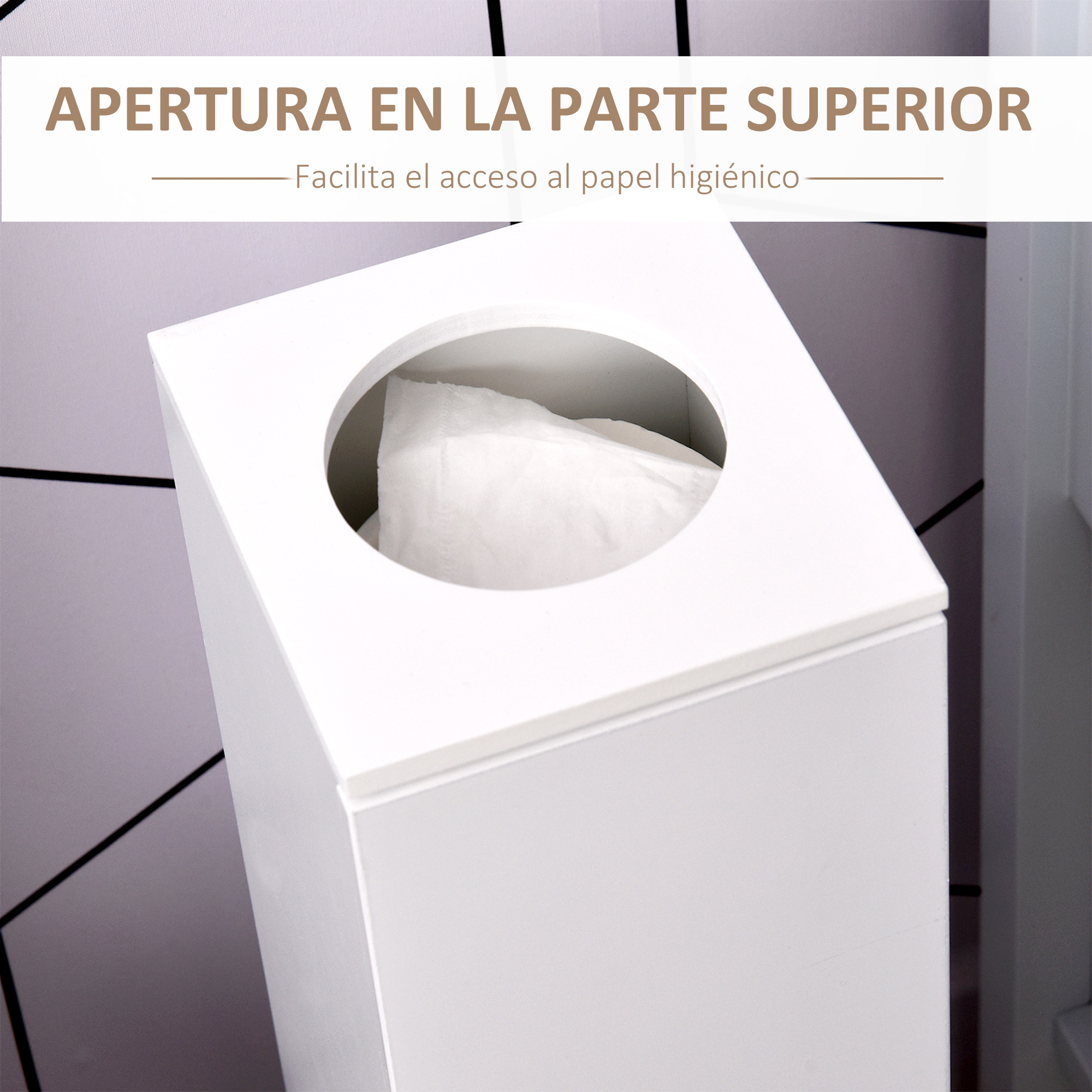 Dispensador blanco con abertura redonda, con pañuelos asomando.