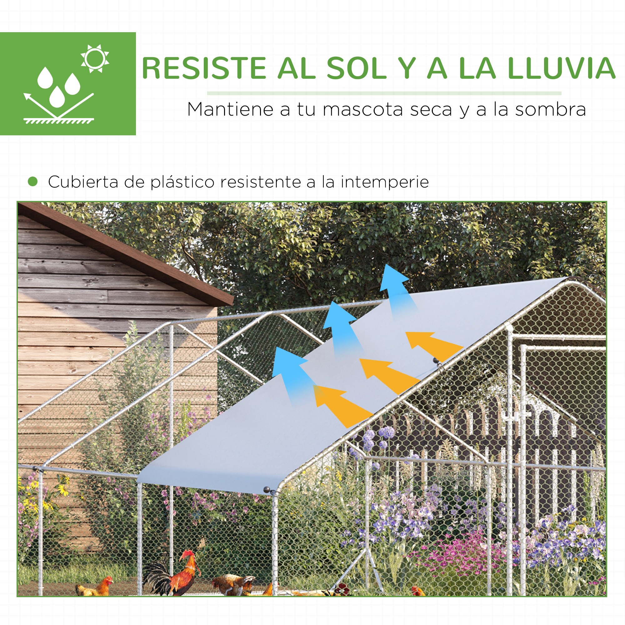 Un gallinero con techo que protege del sol y la lluvia. Gallinas deambulando afuera.