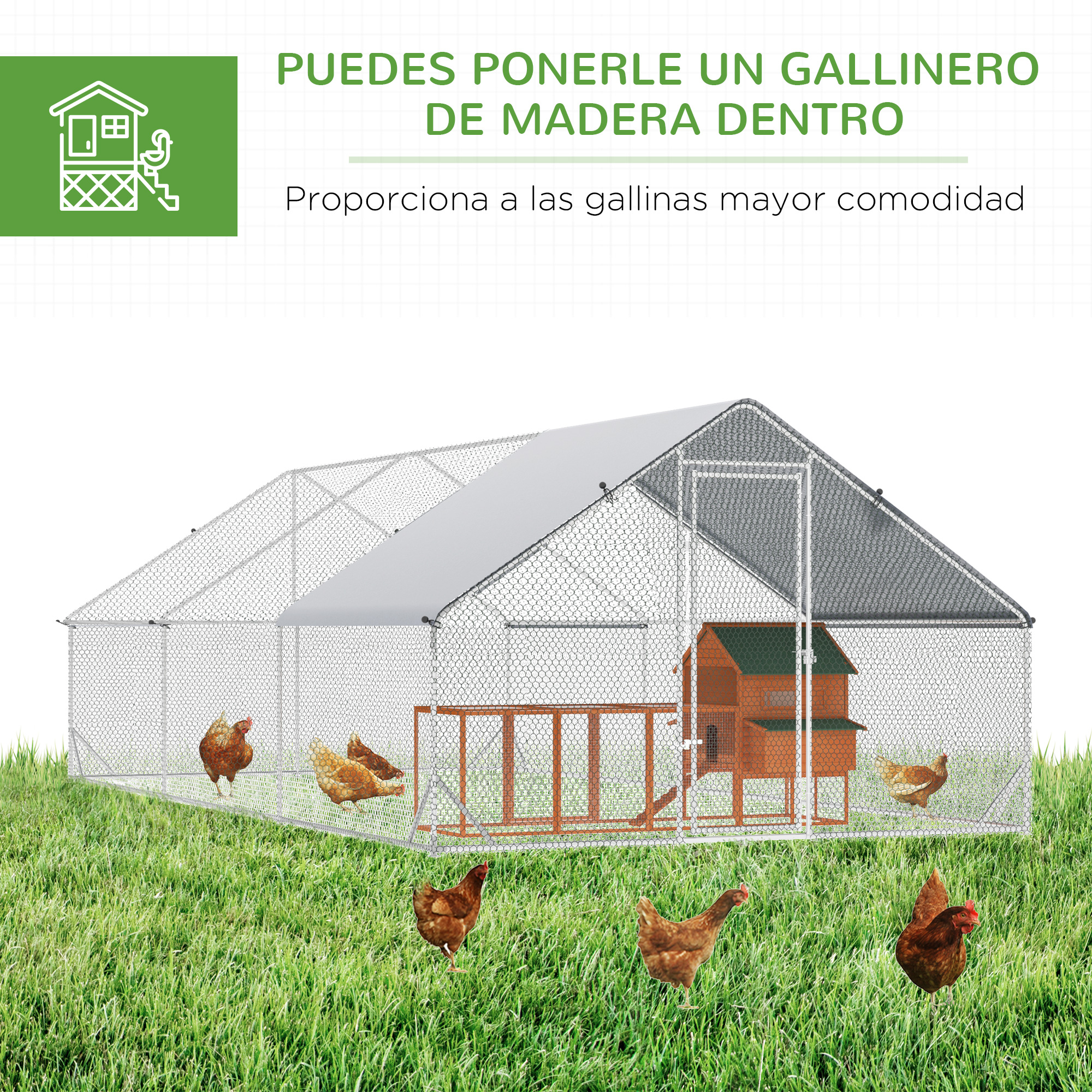 Un gallinero de malla de alambre con casa de madera, gallinas en el césped y una casa de gallinas ilustrada.