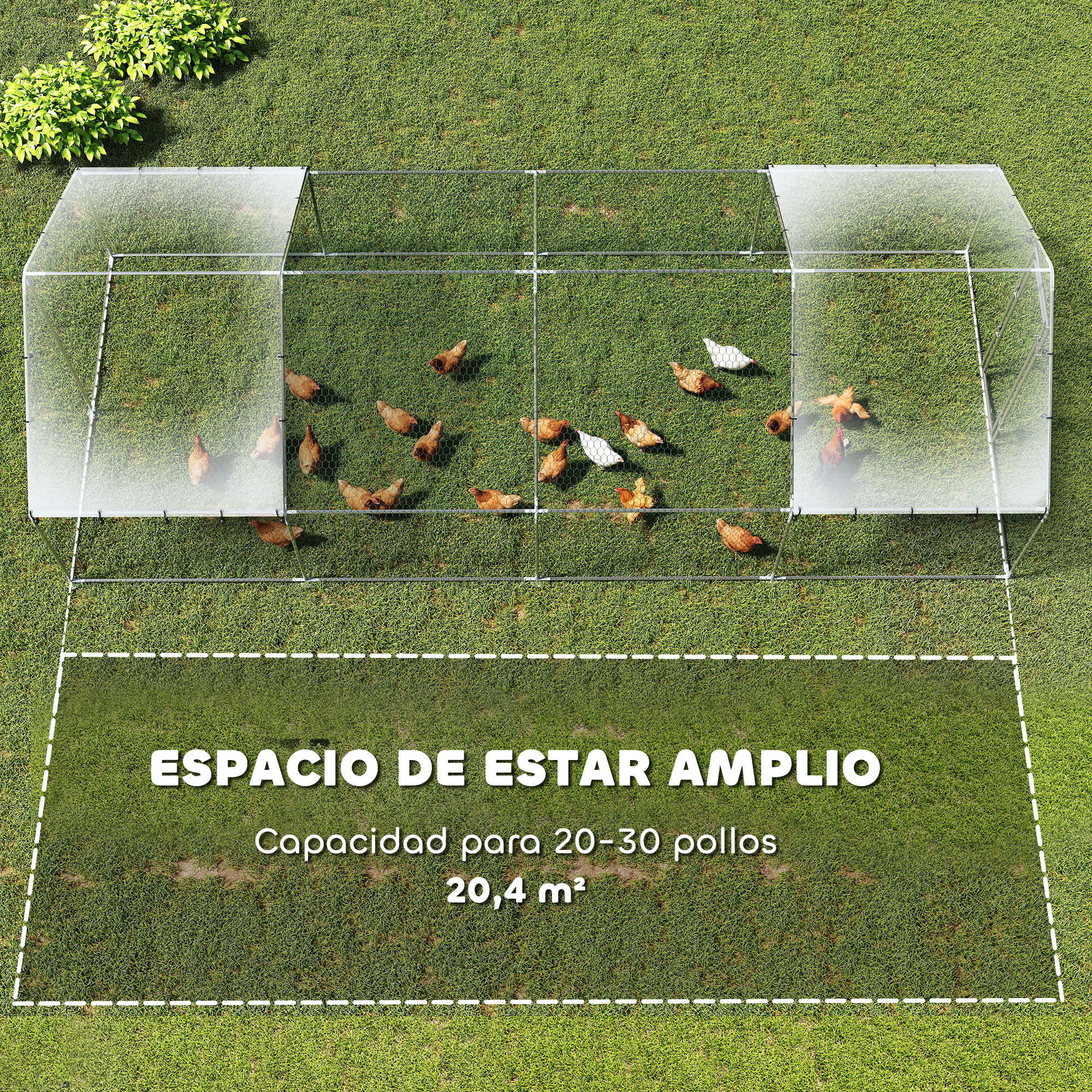 Corral para pollos sobre césped con varios pollos y texto.