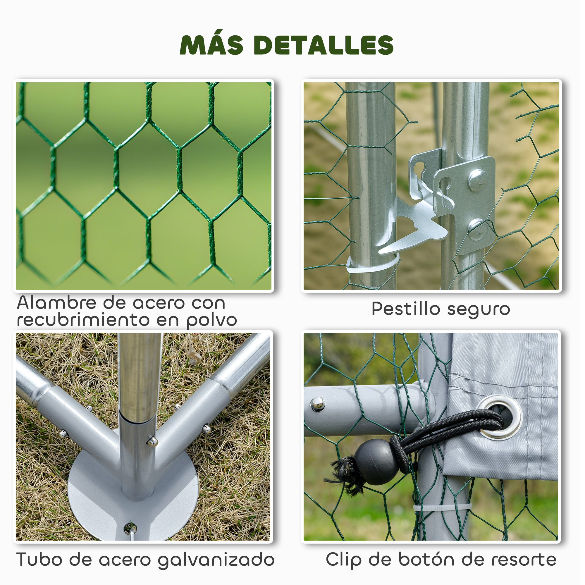 Primer plano de malla de alambre, pestillo, base de tubo y clip elástico.