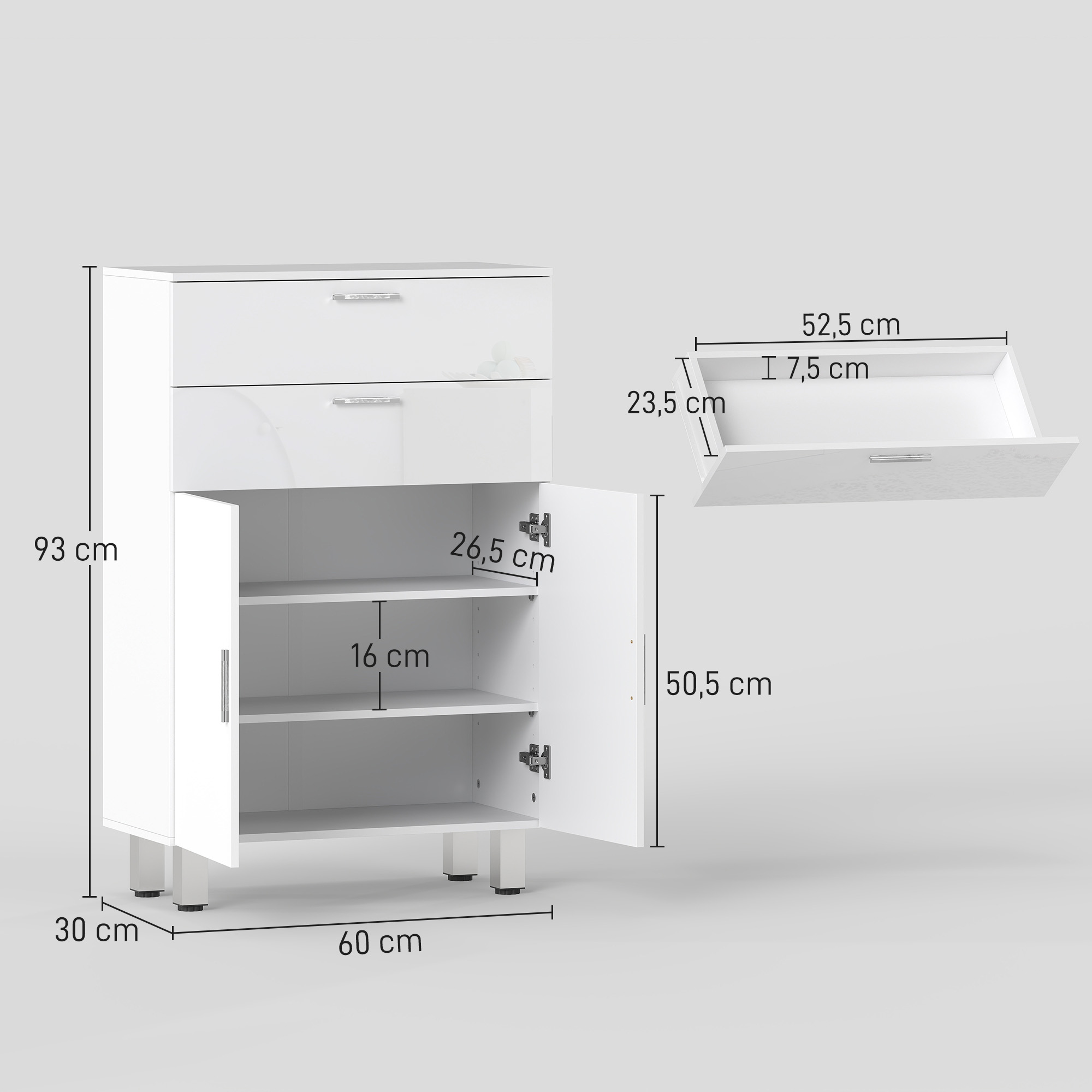 Mueble blanco con dos cajones arriba y dos puertas abajo, dimensiones mostradas.