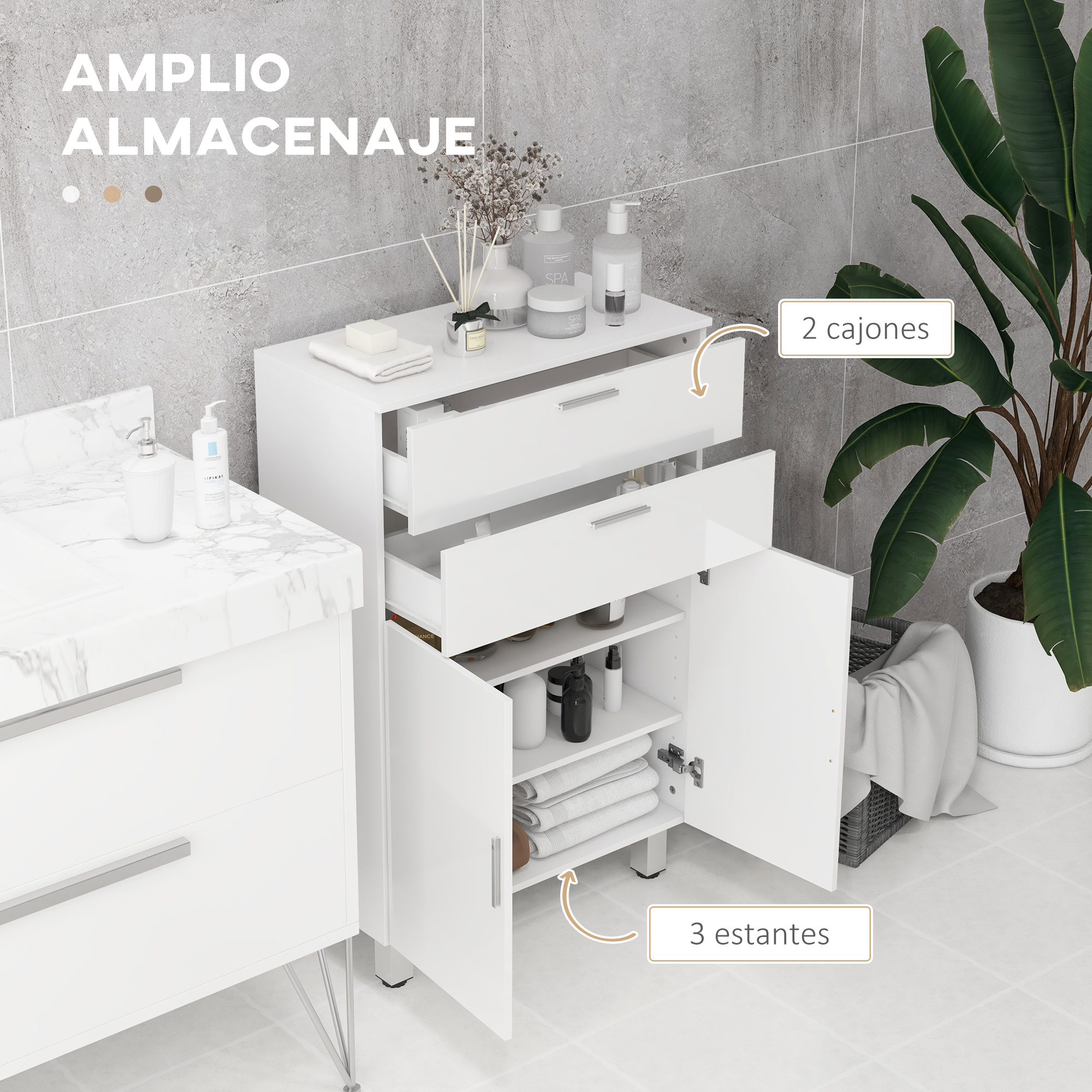 Gabinete de baño blanco con dos cajones y tres estantes.
