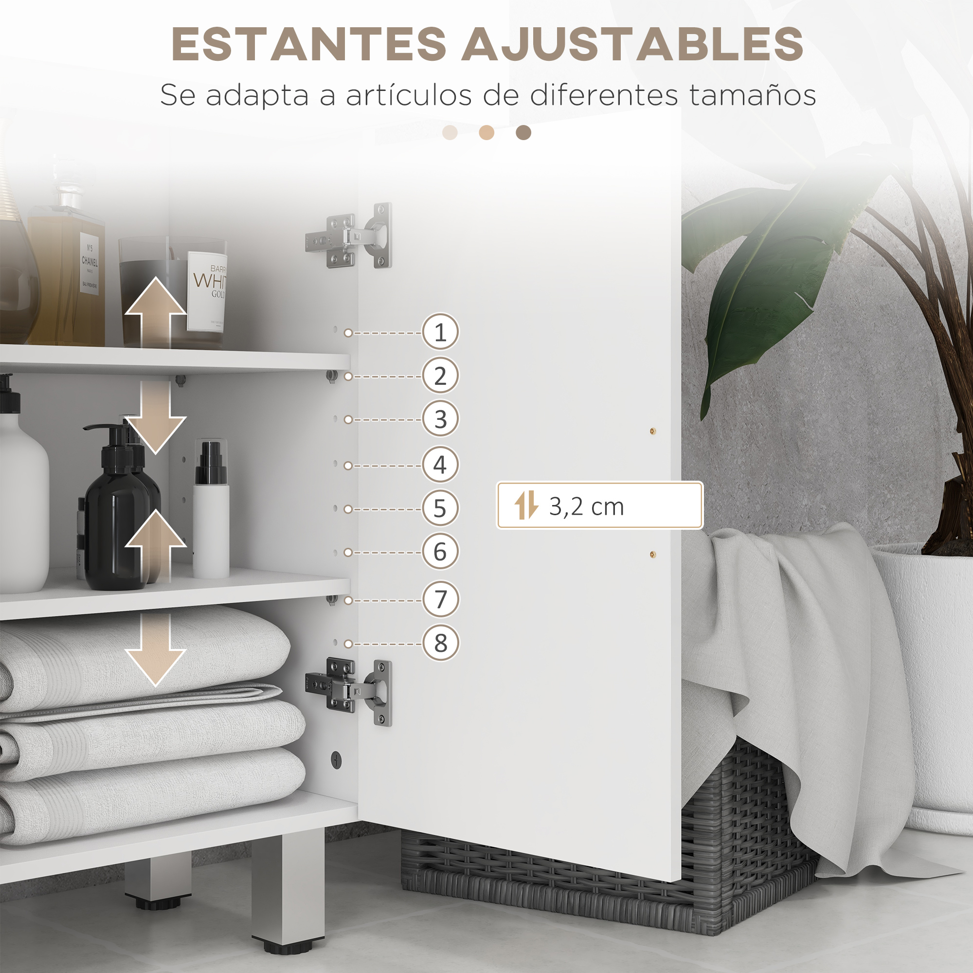 Un armario blanco abierto con estantes, toallas y artículos de tocador. Altura ajustable.