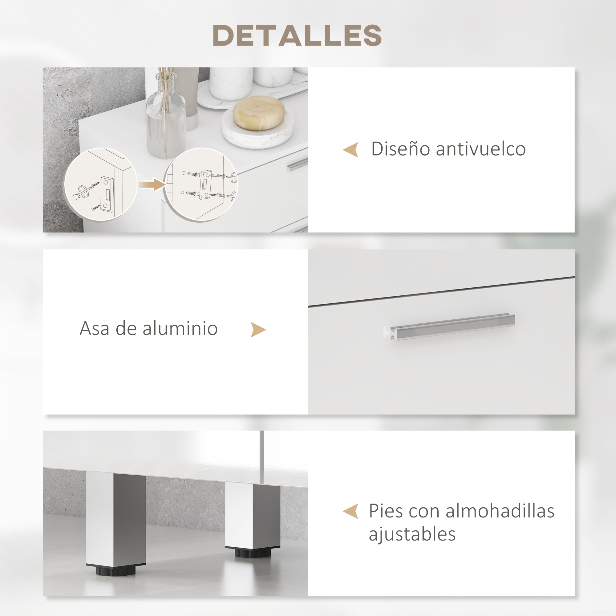 Detalles: Diseño antivuelco, asa de aluminio, pies ajustables.