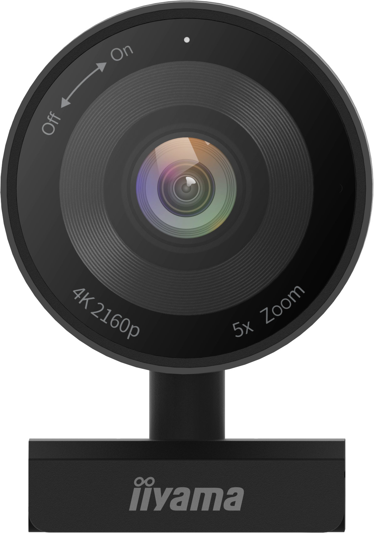 Webcam noire avec 4K 2160p, zoom 5x et un interrupteur marche/arrêt.