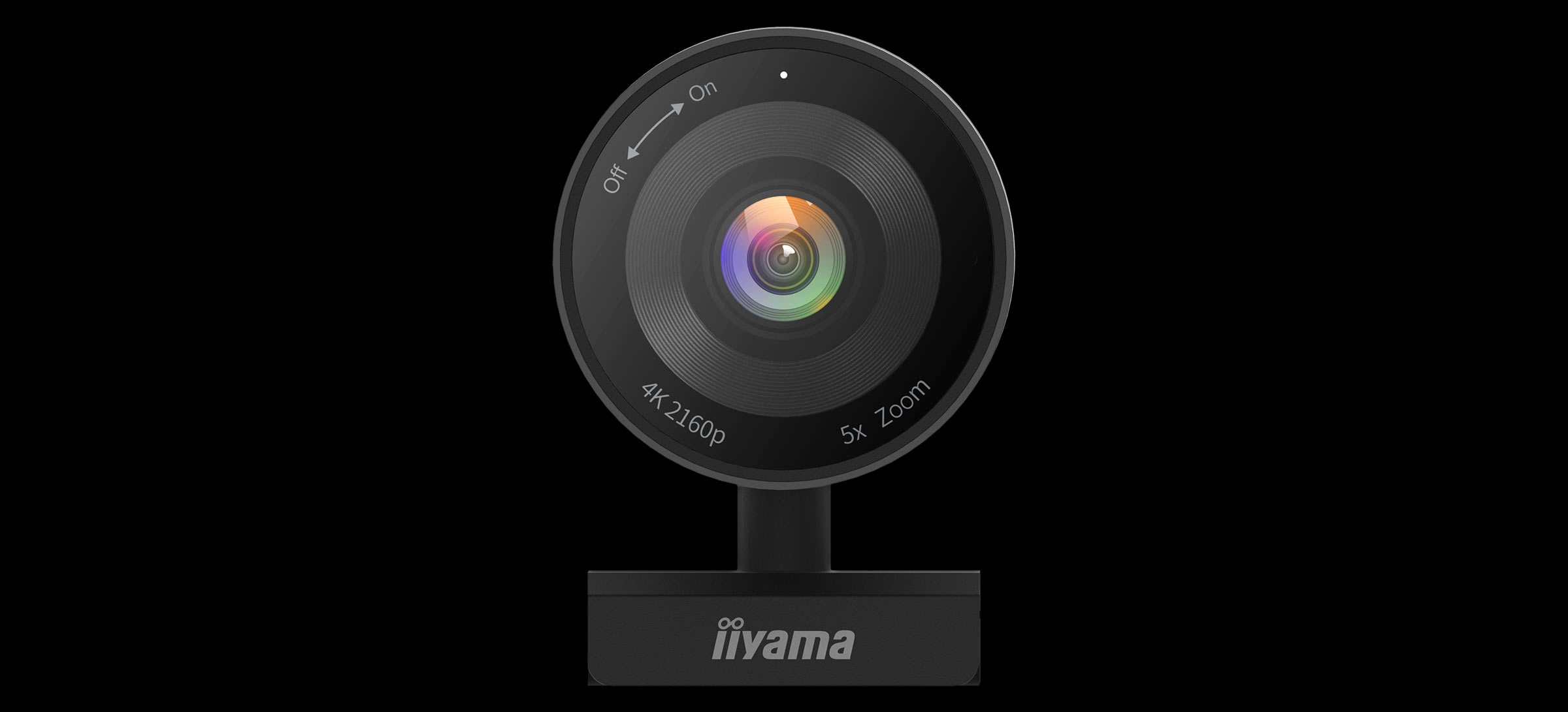 Une webcam noire avec une résolution 4K 2160p et un zoom 5x.