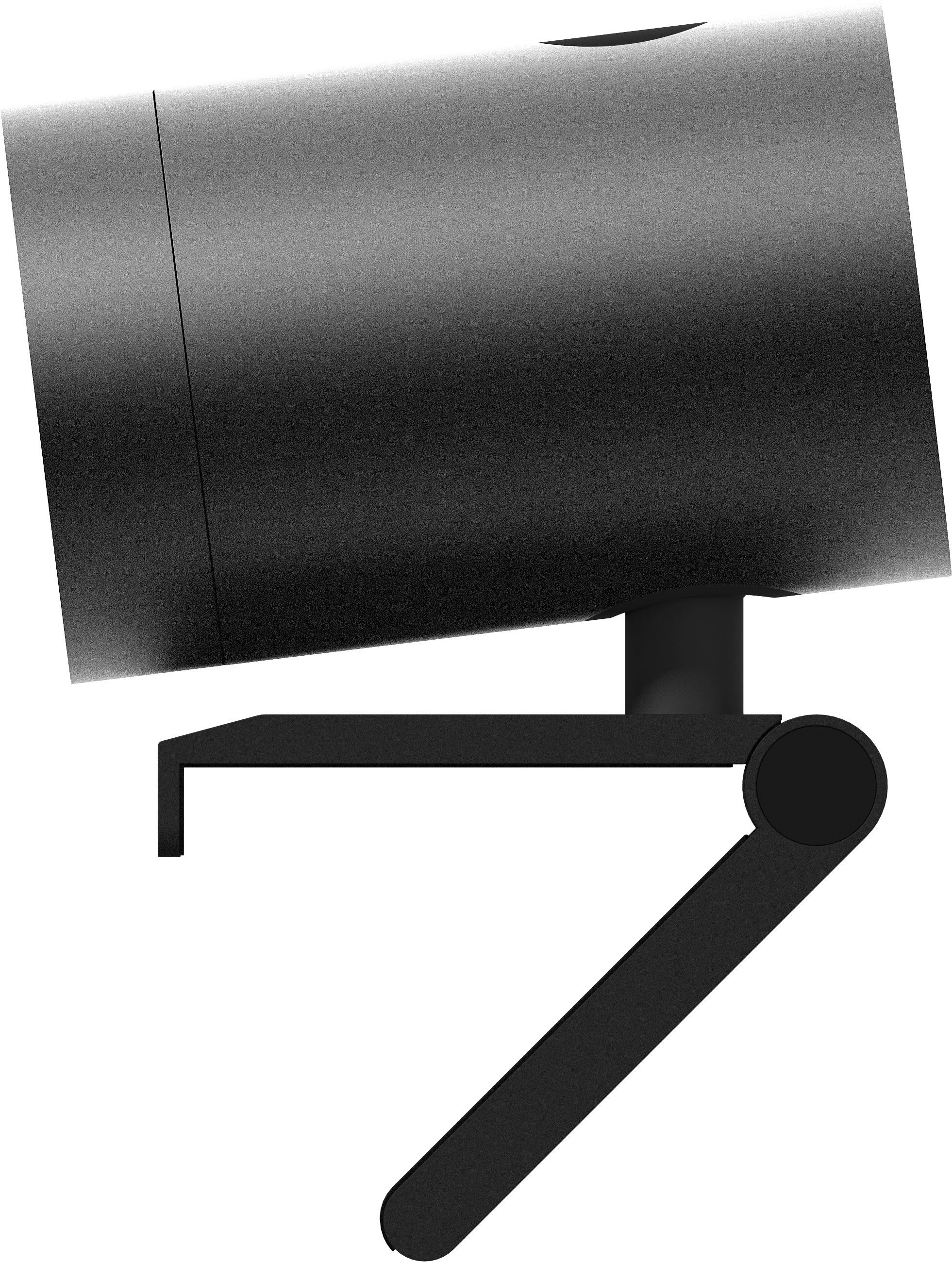 Un cylindre de webcam noir avec bras et support réglables sur fond blanc.