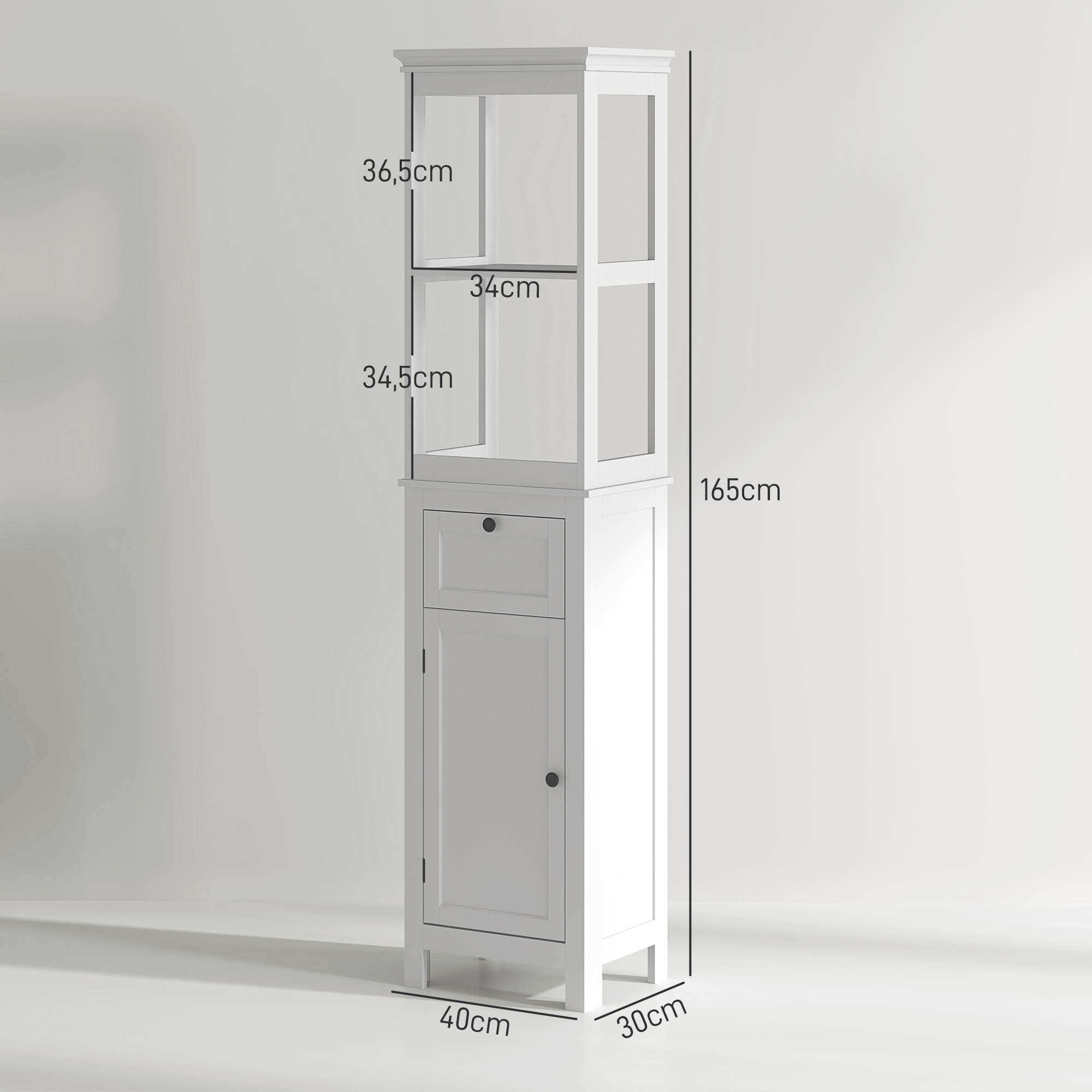 Un armario blanco y estrecho con una puerta, un cajón y estantes abiertos.