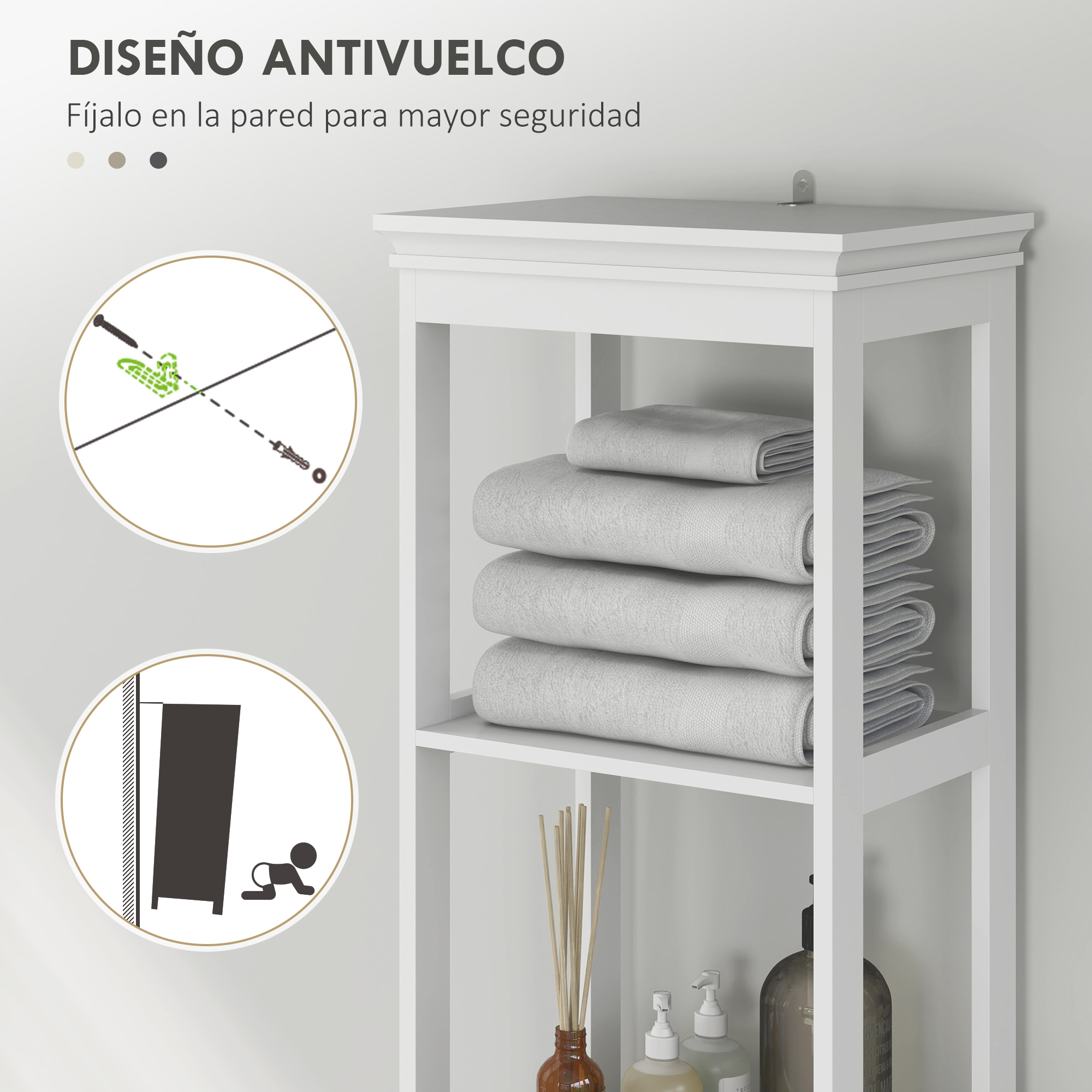 Estante blanco con toallas y botellas. Instrucciones de montaje pared.