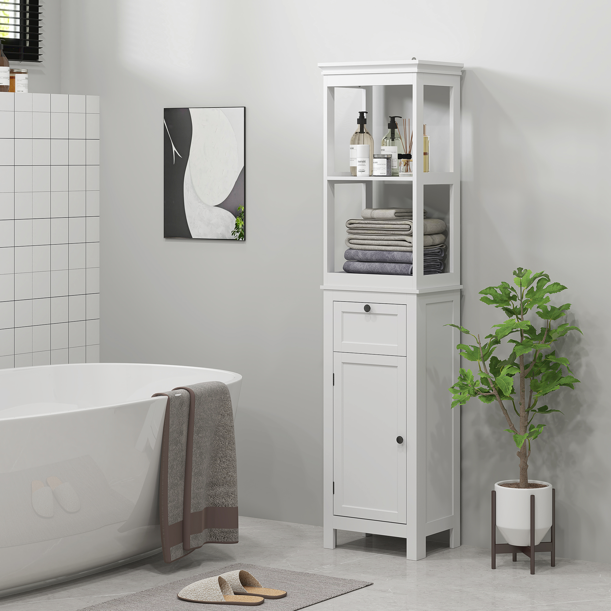 Un mueble de baño blanco junto a una bañera con toalla.