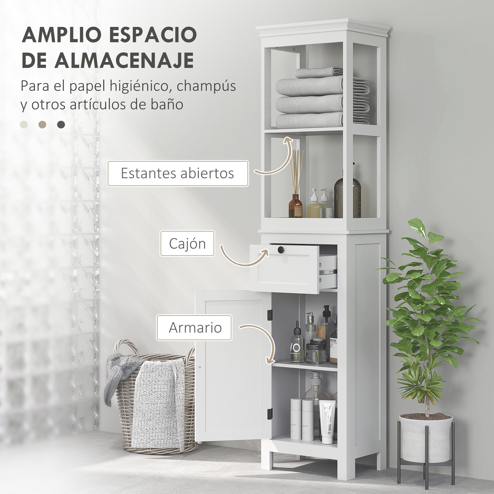 Un mueble de baño blanco con estantes abiertos, un cajón y un armario.