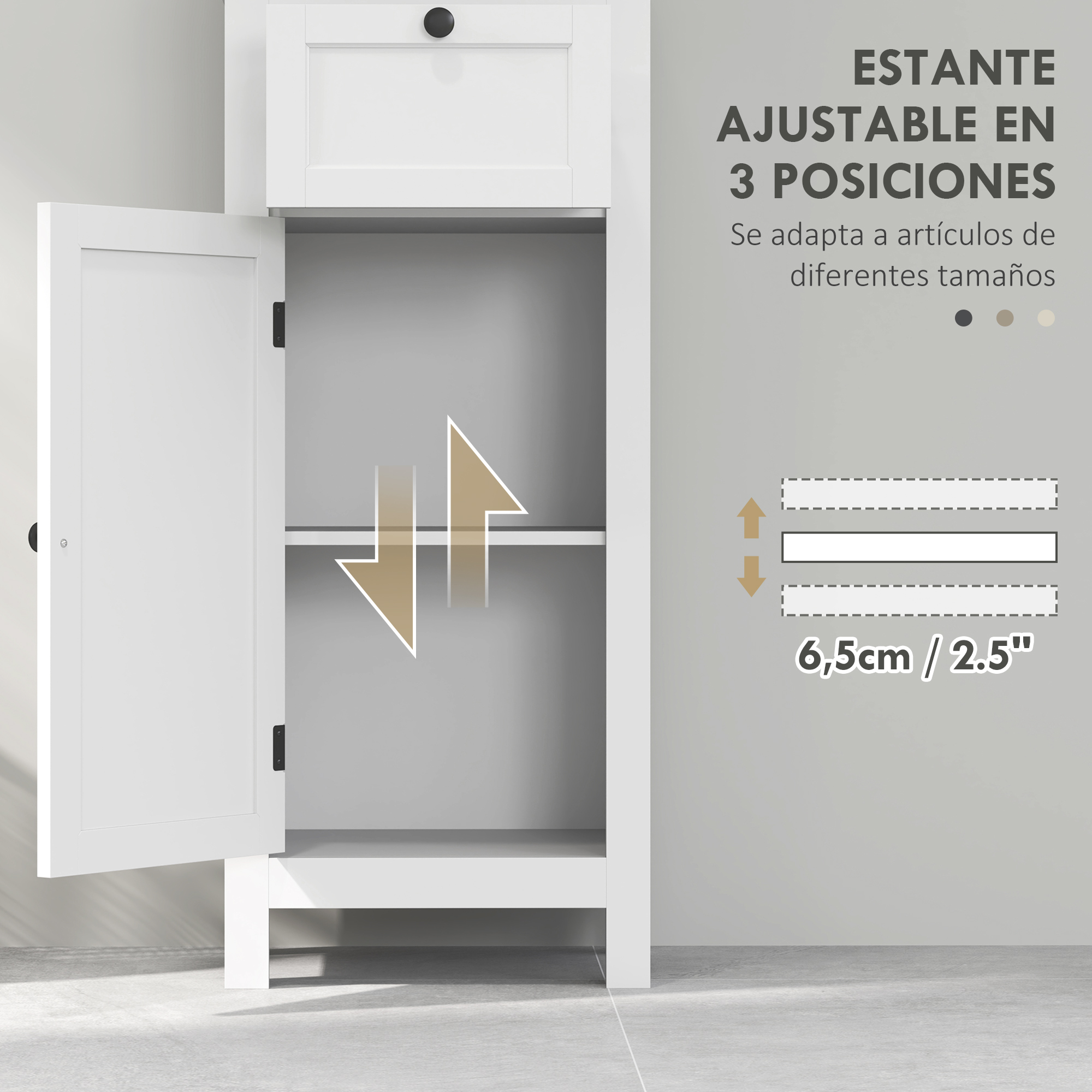 Armario blanco con puerta abierta, estante ajustable con flechas.