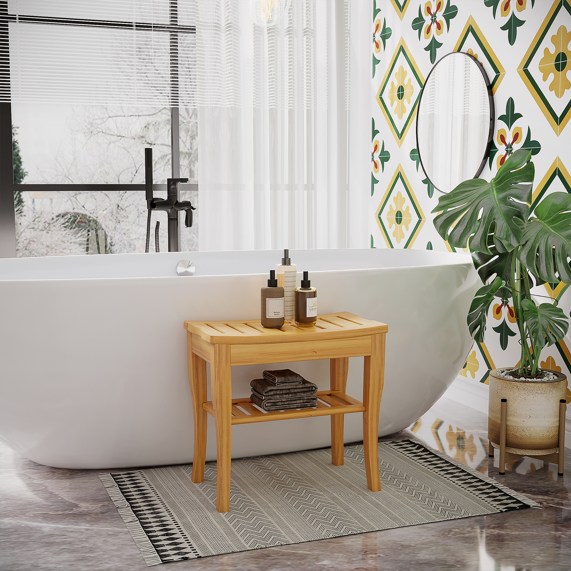 Baño moderno con bañera blanca, banco de madera con toallas y planta en maceta.