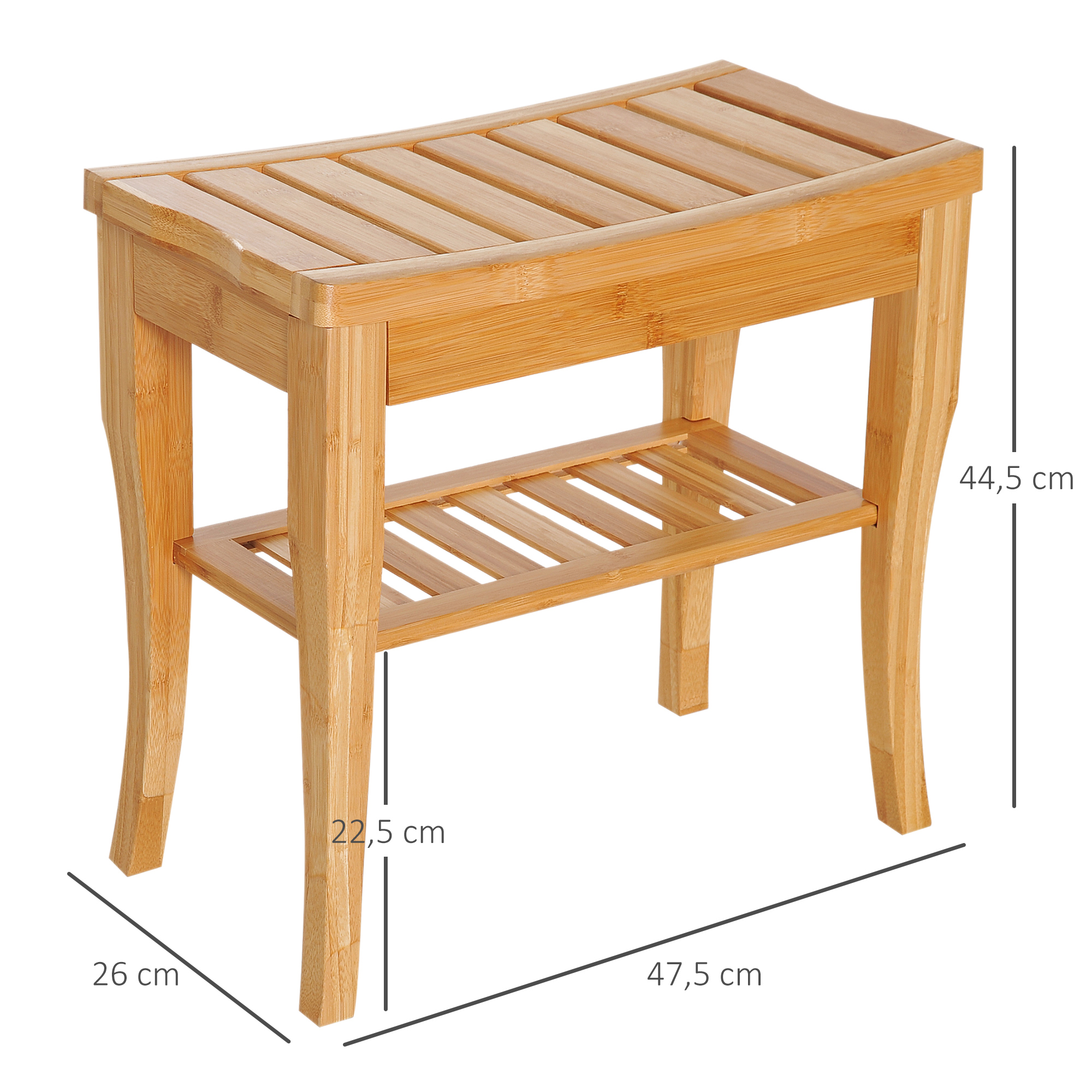 Un taburete de ducha de madera con dos niveles de listones. Se indican las dimensiones.