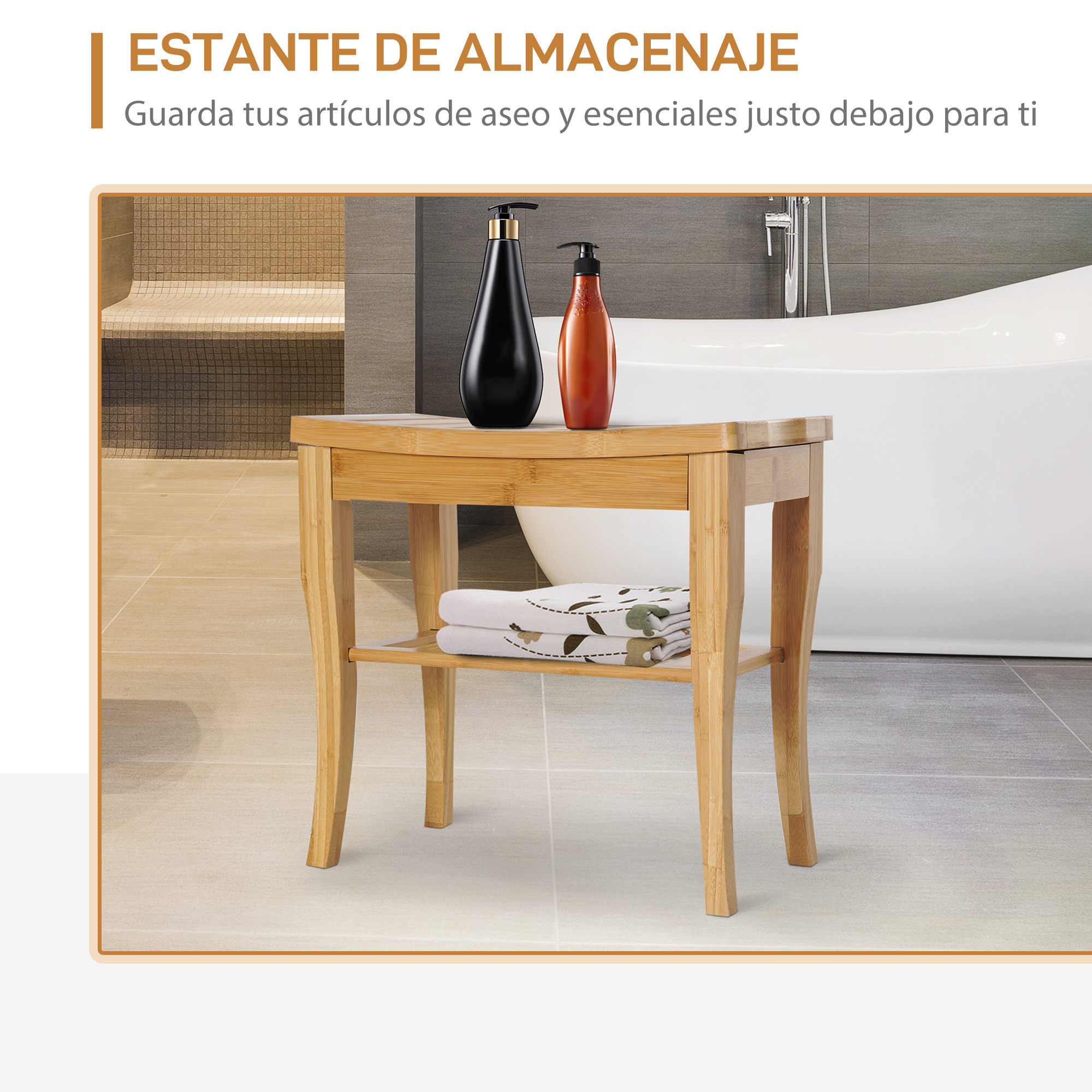 Estante de baño de madera con dispensadores de jabón y toallas dobladas.