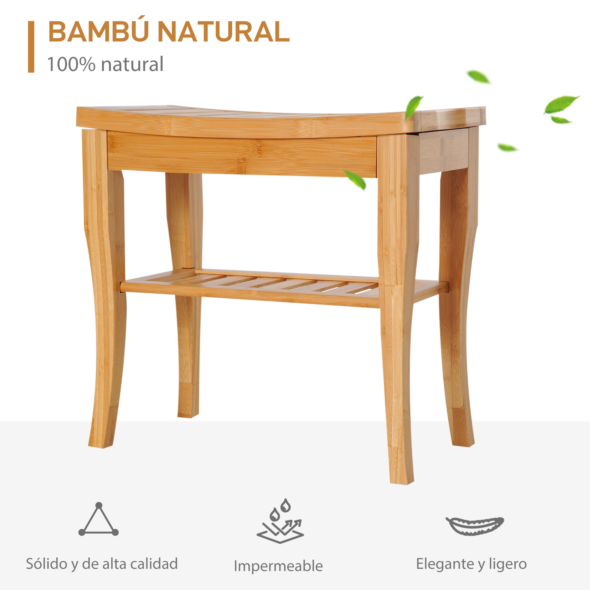 Un taburete de bambú de madera con dos niveles y hojas flotando.