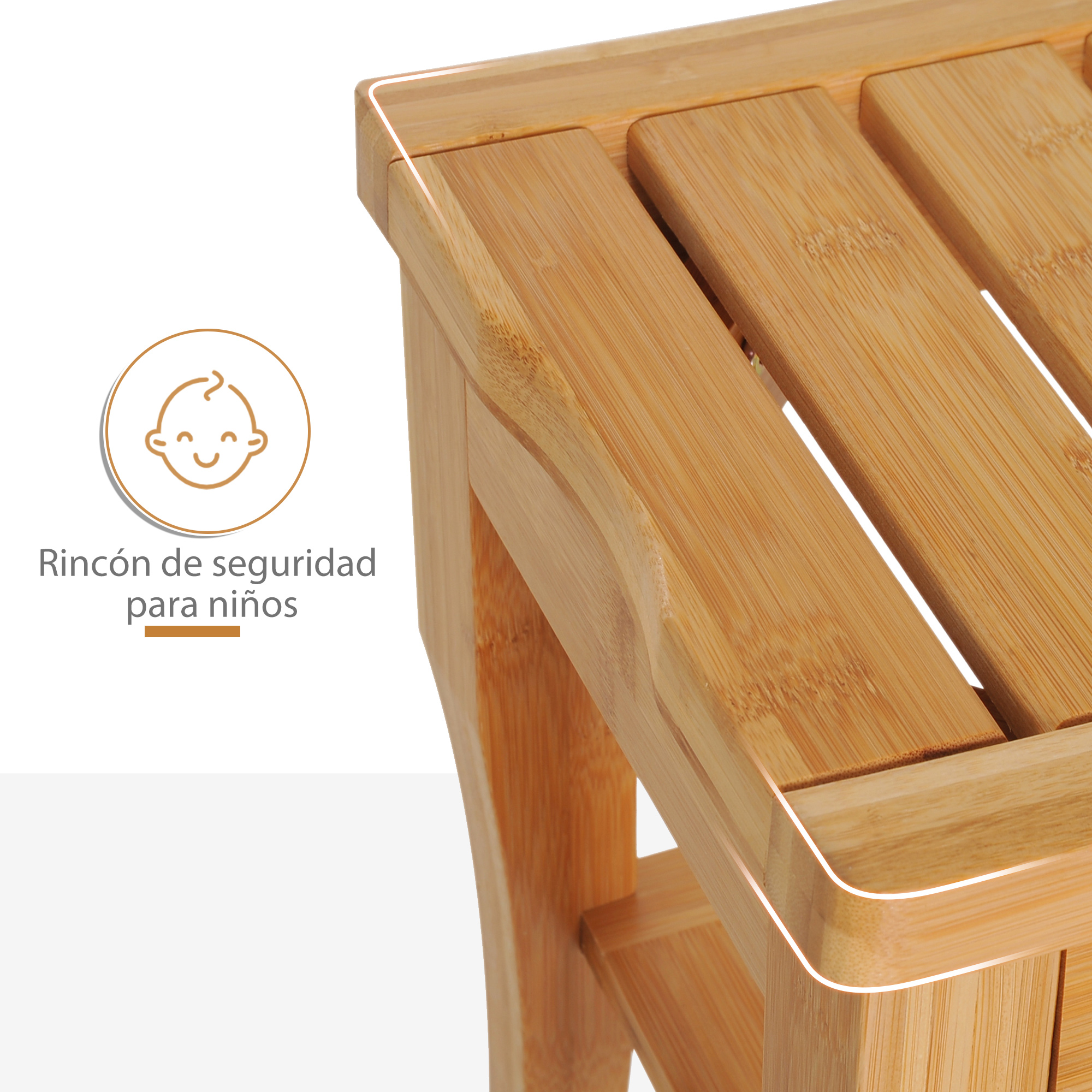 Primer plano de un taburete de madera con superficie acanalada y bordes redondeados.