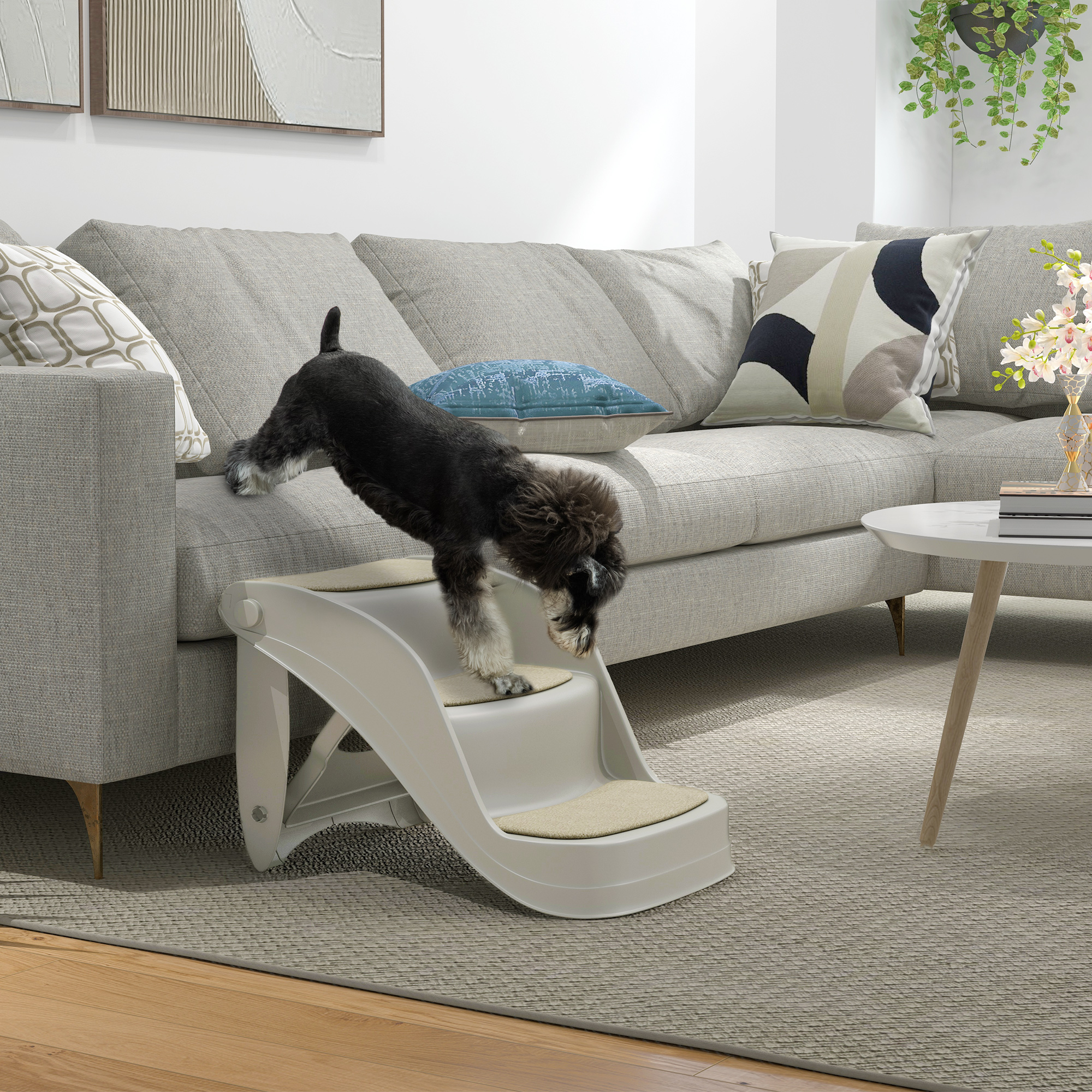 Un perro Schnauzer blanco y negro sube escaleras para mascotas beige junto a un sofá gris.