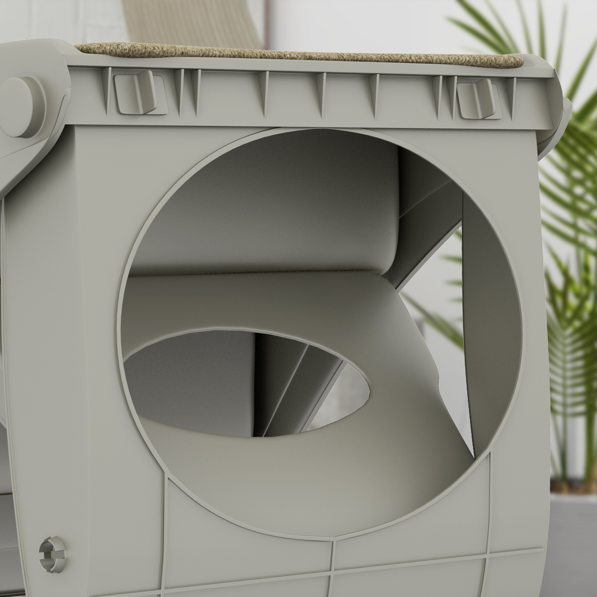 Un taburete plegable beige con un recorte circular y asiento tejido.
