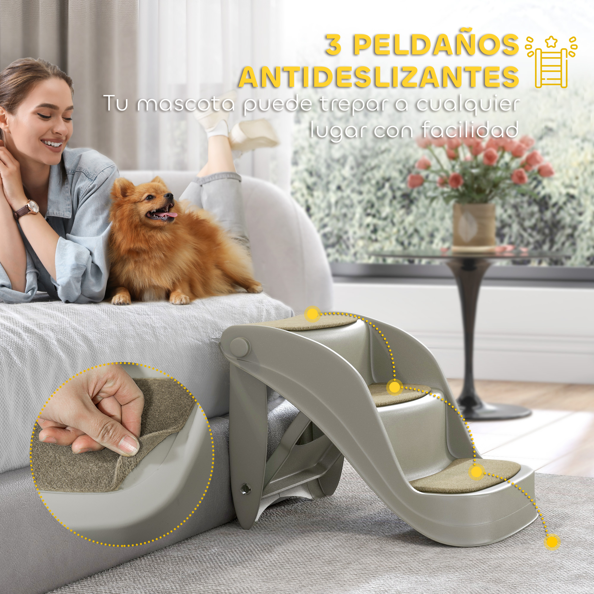 Escaleras para perros de 3 peldaños para mascotas que suben a un sofá. Un perro sentado junto a una mujer.